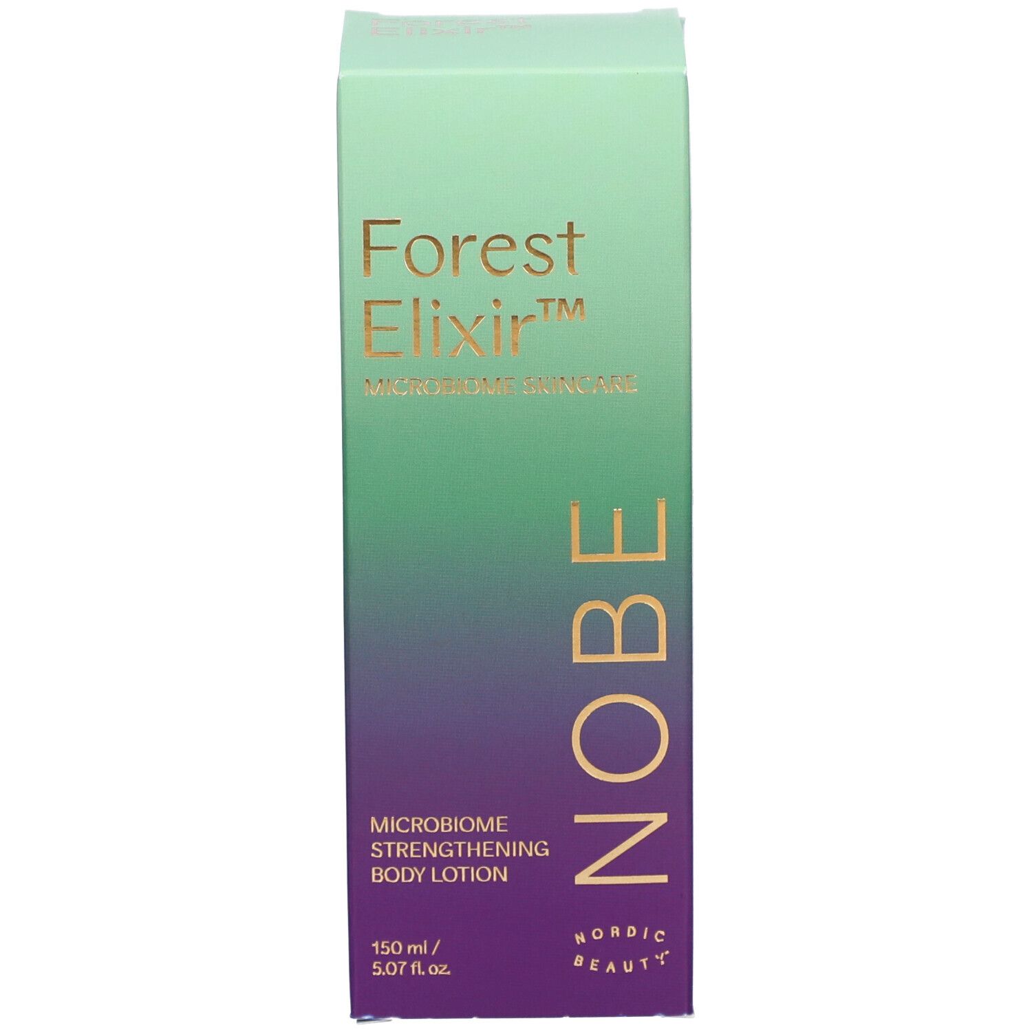 Boîte dégradée. Texte: Forest Elixir, lotion pour le corps microbiome. Marque NOBE.