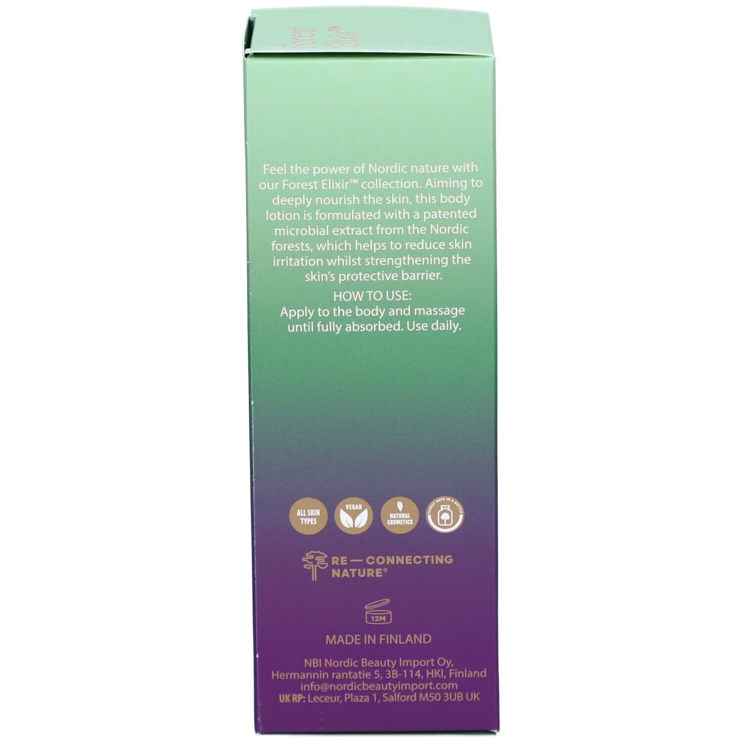 Dos de la boîte. Texte: Mode d'emploi, ingrédients, certifications. Fabriqué en Finlande.