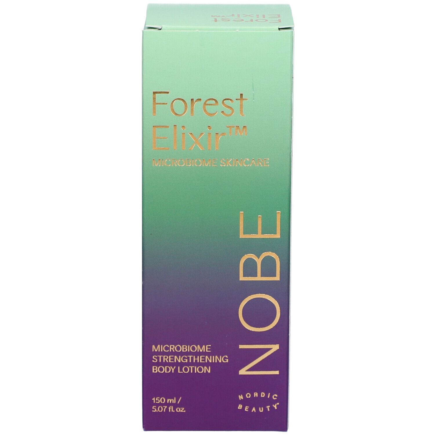 Boîte avec texte: Forest Elixir, lotion pour le corps microbiome. Marque NOBE.