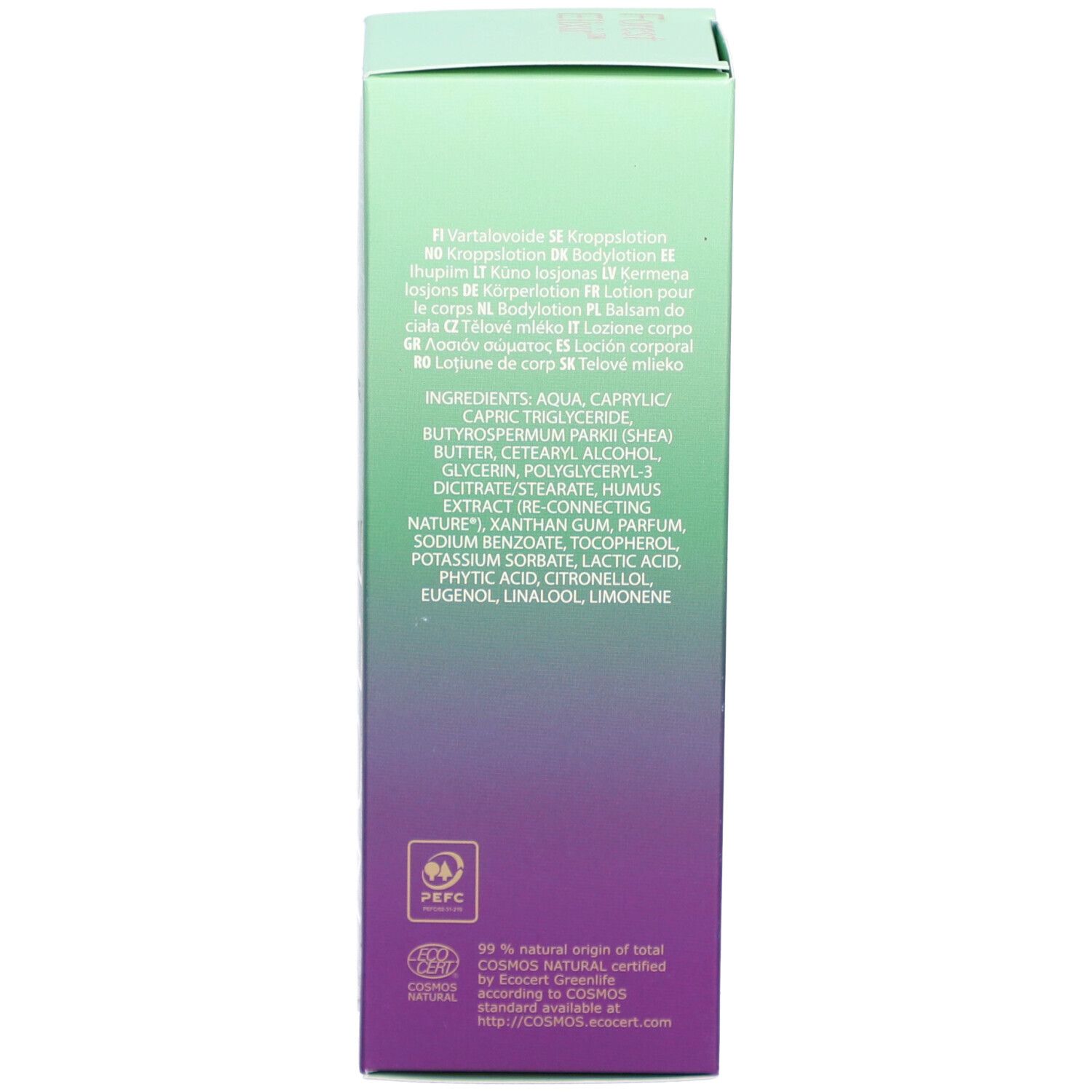 Dos de la boîte. Texte: Ingrédients, certifications. 99% d'origine naturelle.