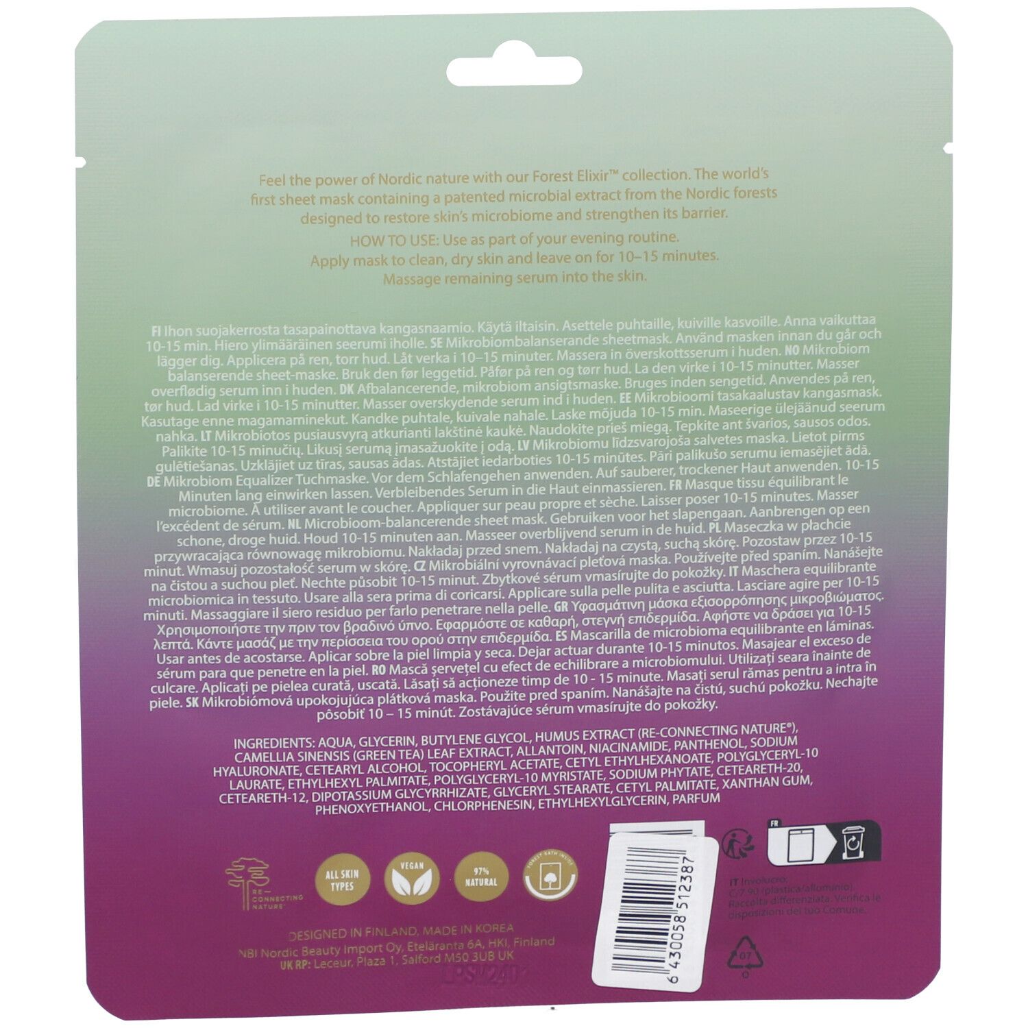 Dos du sachet de masque en tissu. Texte multilingue. Ingrédients et logos. Dégradé vert-violet.