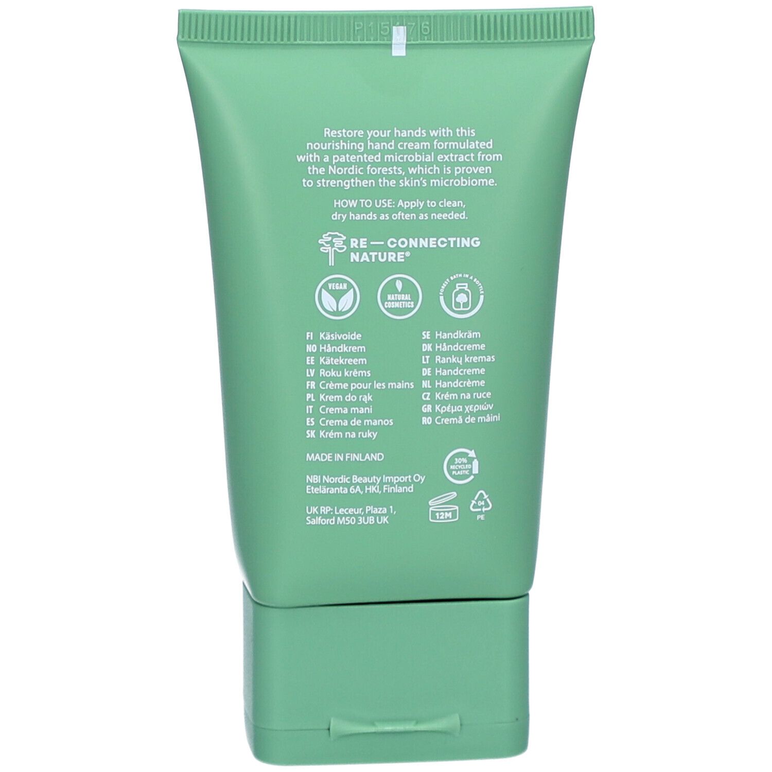 Dos du tube de crème pour les mains. Texte: Mode d'emploi, ingrédients, origine Finlande. Logos: Vegan, cosmétiques naturels.