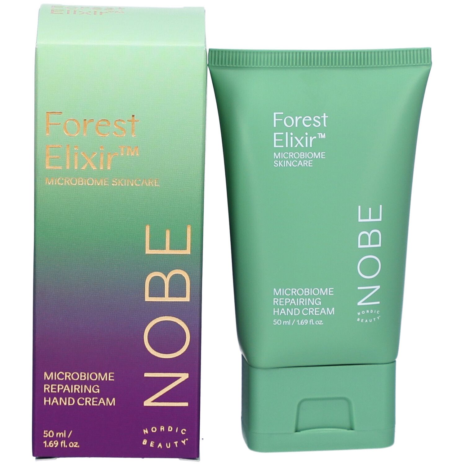 Tube et boîte de crème pour les mains. Texte: Forest Elixir, Mikrobiom Skincare, Mikrobiom Reparierende Handcreme. Marque NOBE.