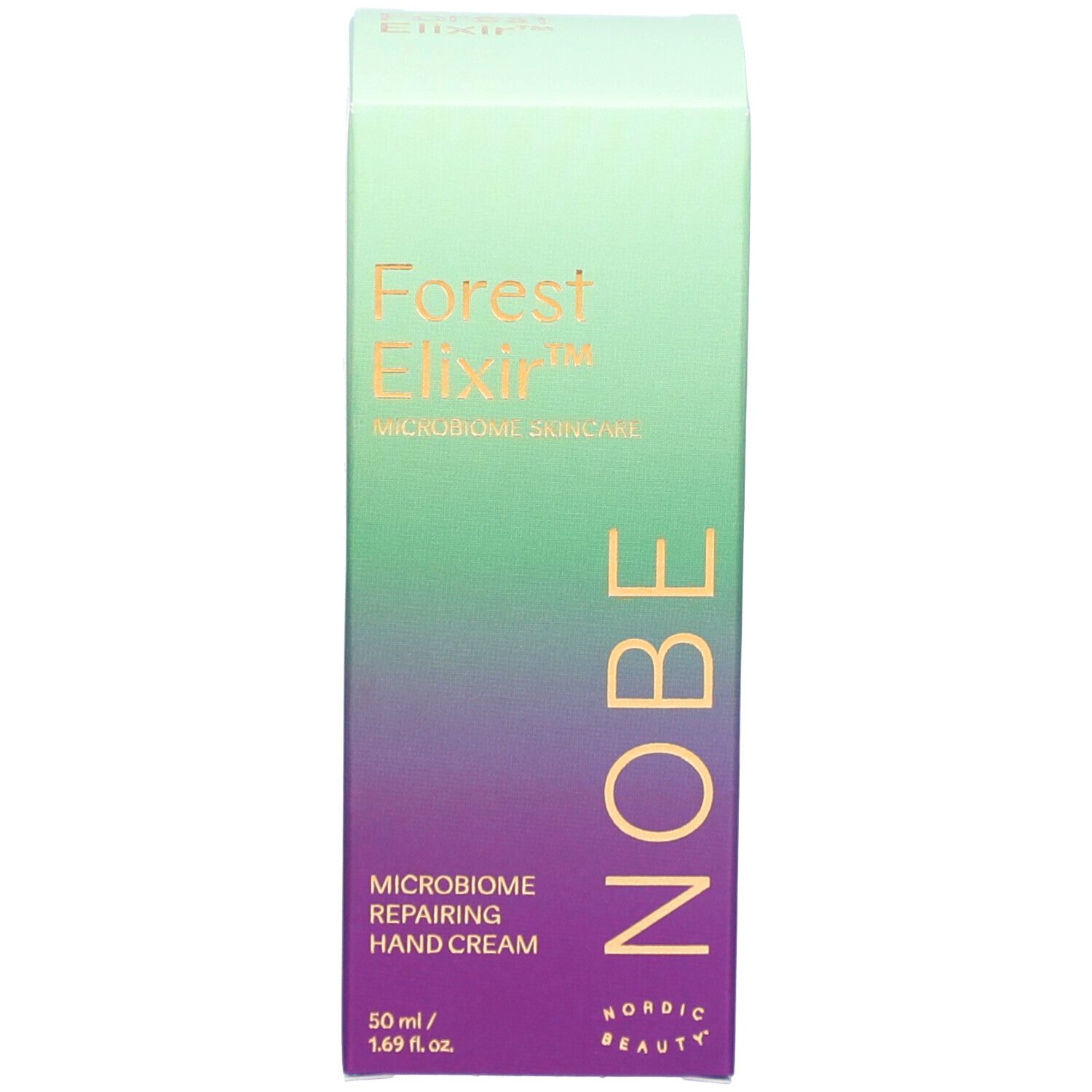 Boîte de crème pour les mains. Texte: Forest Elixir, Mikrobiom Skincare, Mikrobiom Reparierende Handcreme. Marque NOBE.