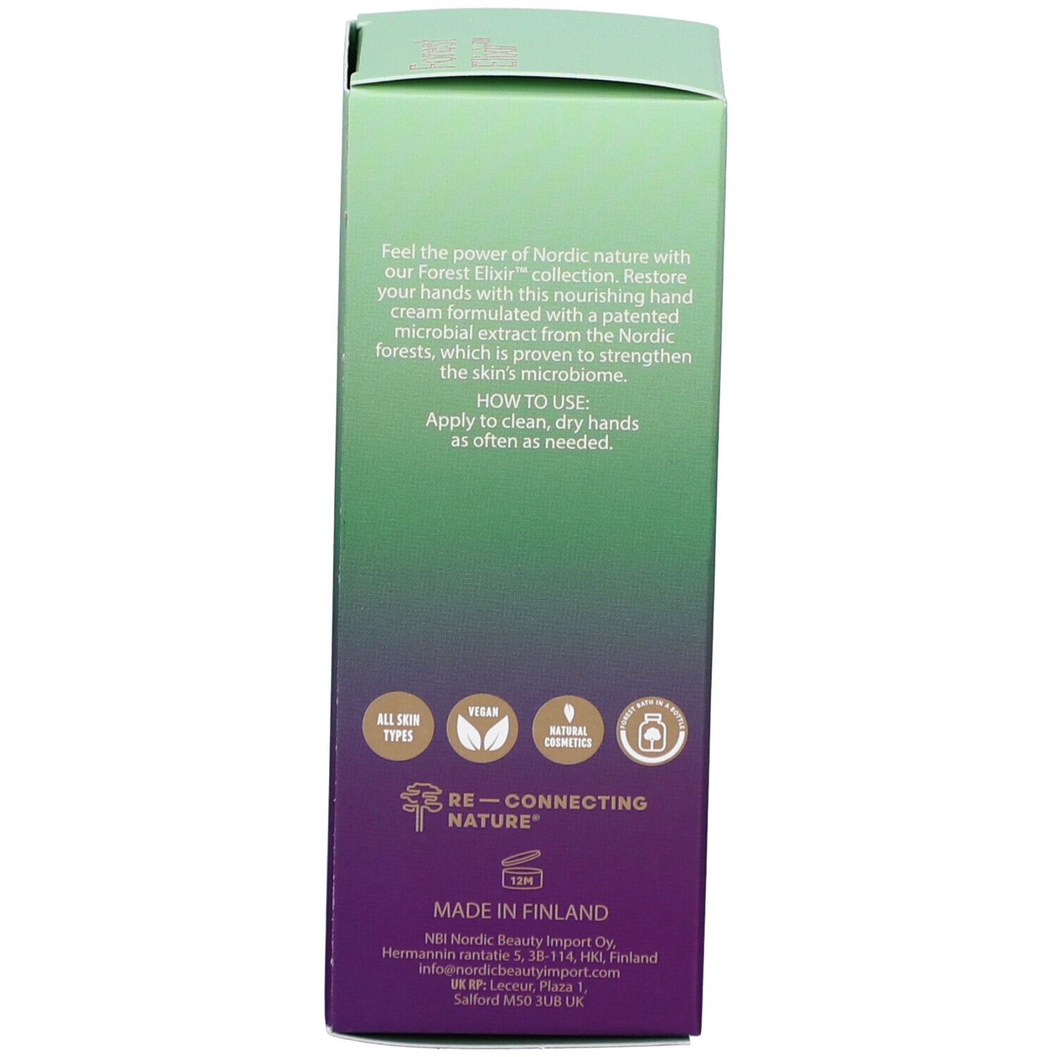 Dos de la boîte de crème pour les mains. Texte: Mode d'emploi, ingrédients, origine Finlande. Logos: Vegan, cosmétiques naturels.