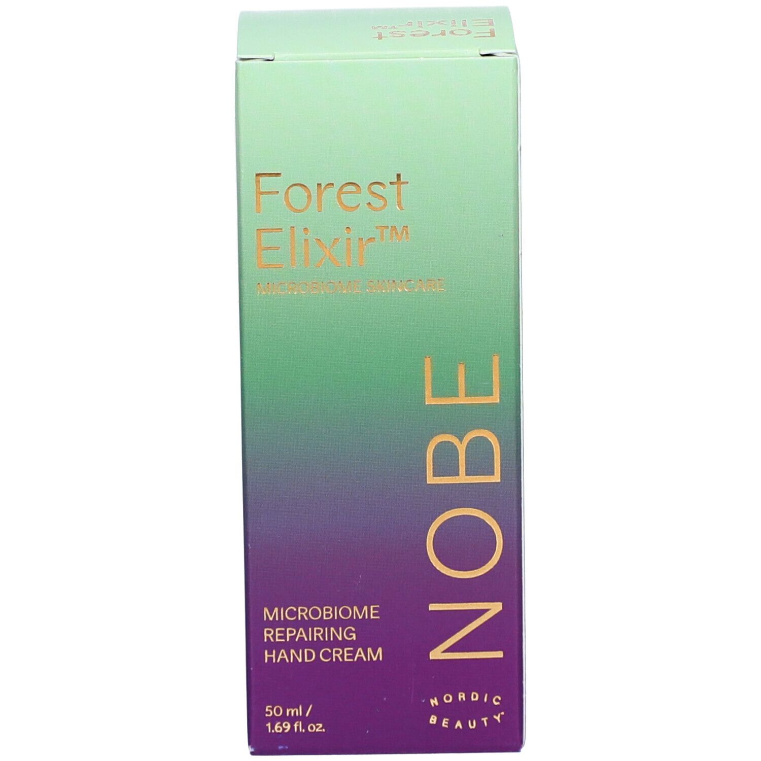 Boîte de crème pour les mains. Texte: Forest Elixir, Mikrobiom Skincare, Mikrobiom Reparierende Handcreme. Marque NOBE.