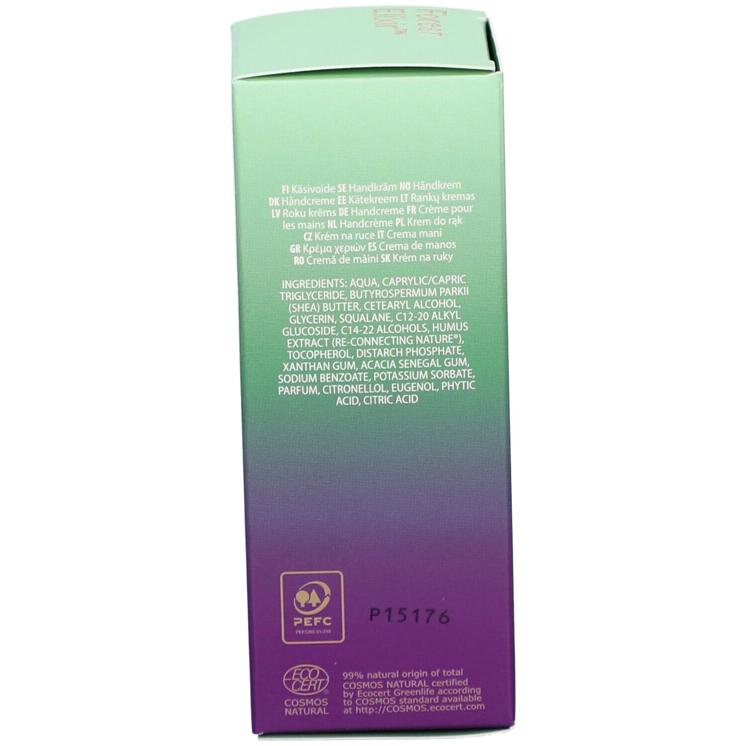 Dos de la boîte de crème pour les mains. Texte: Ingrédients, logos: PEFC, COSMOS NATURAL.