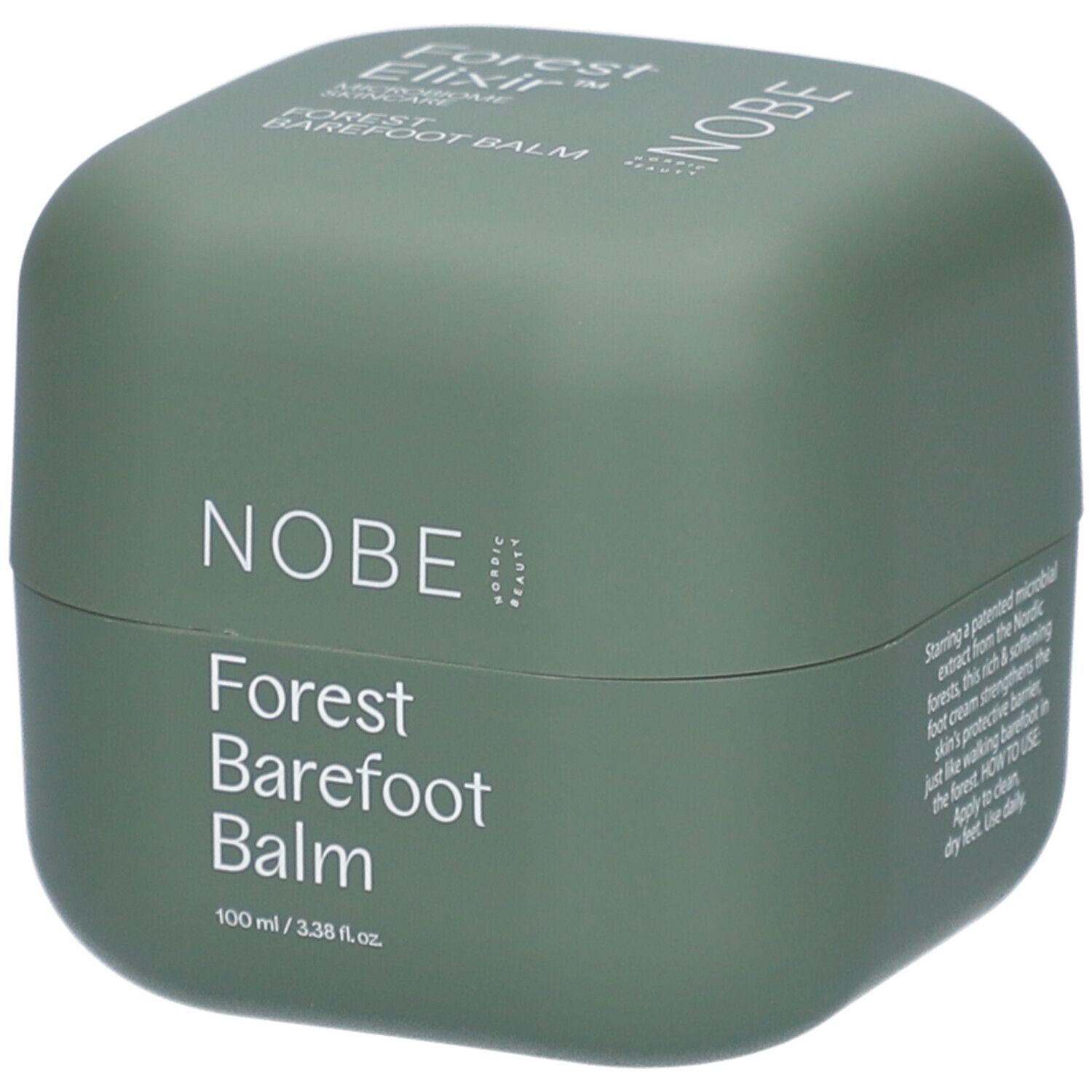 Pot vert avec texte blanc: NOBE, Forest Barefoot Balm. 100 ml / 3.38 fl.oz.
