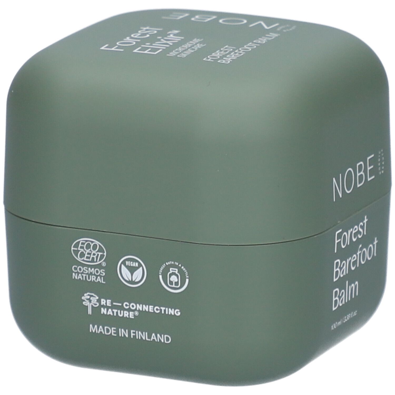 Pot vert avec texte blanc: NOBE, Forest Barefoot Balm. Logos: Cosmos Natural, Vegan, Re-connecting Nature.
