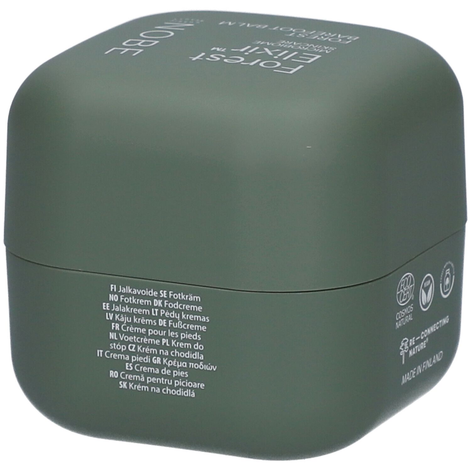 Pot vert avec texte blanc. Texte multilingue. Logos: Cosmos Natural, Re-connecting Nature, Made in Finland.