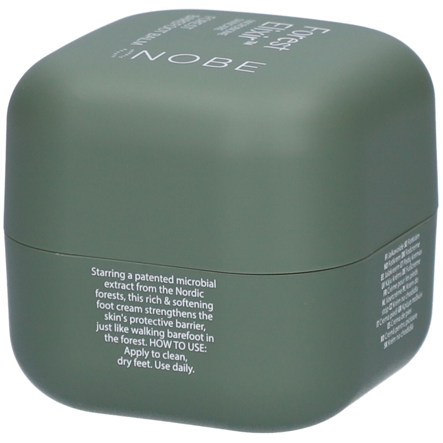 Pot vert avec texte blanc. Texte: Instructions d'utilisation. Contient un extrait breveté.