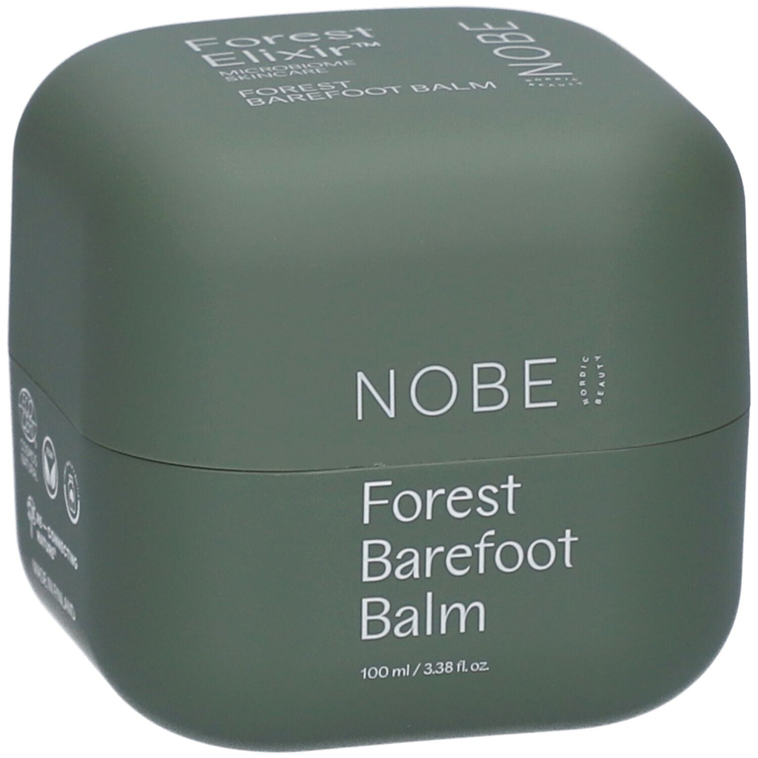 Pot vert avec texte blanc: NOBE, Forest Barefoot Balm. 100 ml / 3.38 fl.oz. Logos.