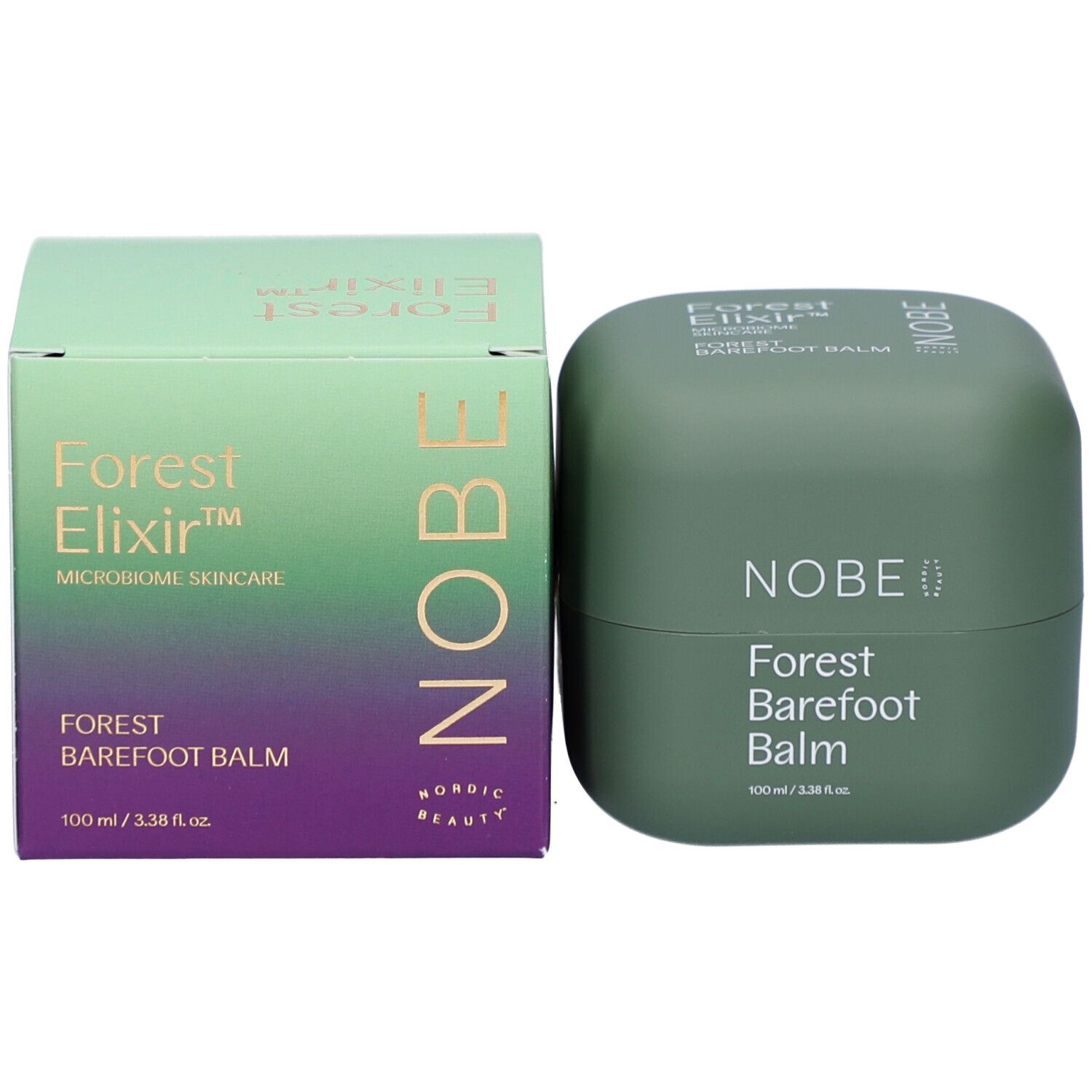 Pot et boîte verts. Texte: NOBE, Forest Barefoot Balm. 100 ml / 3.38 fl.oz. Boîte: Forest Elixir.
