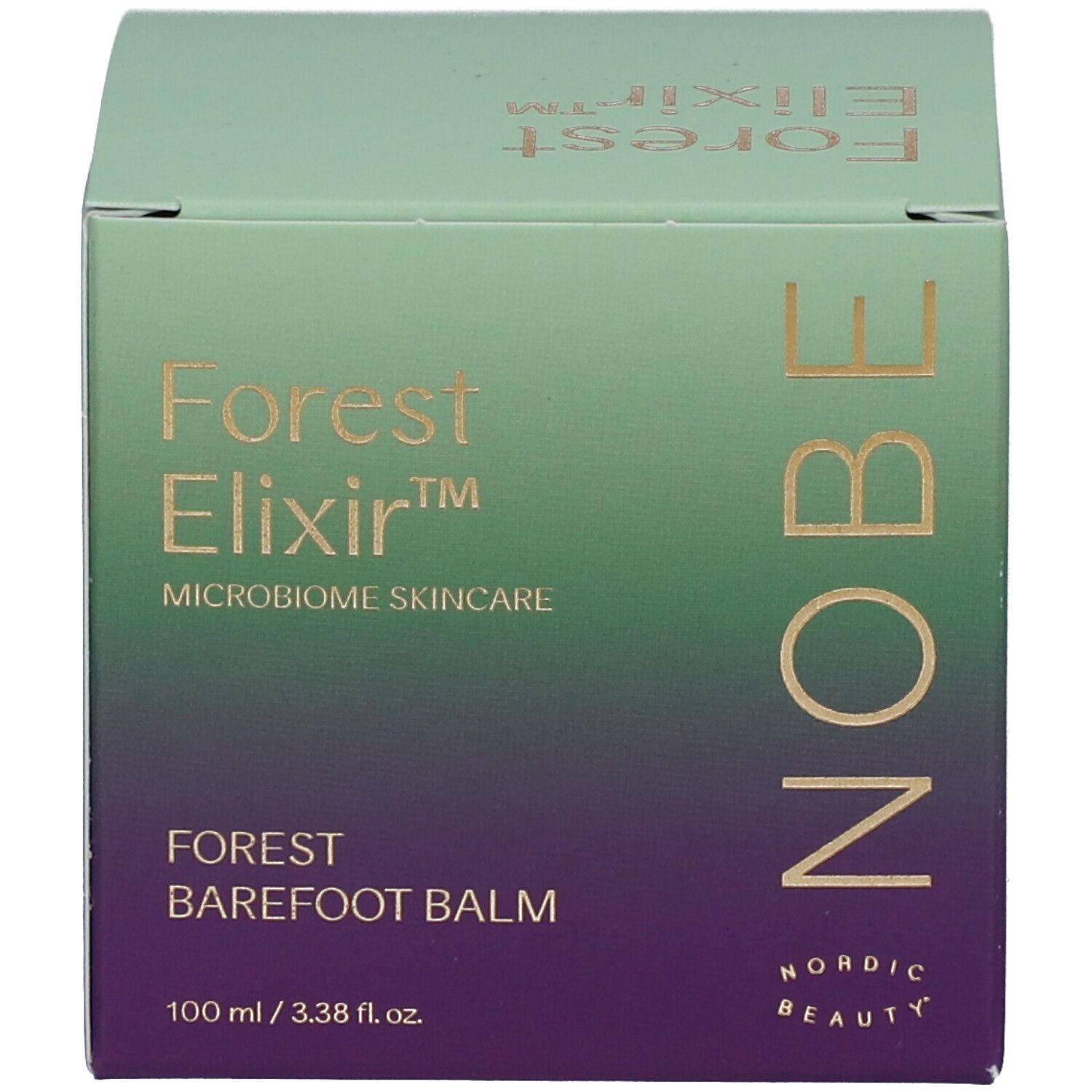Boîte avec texte: Forest Elixir, Forest Barefoot Balm. 100 ml / 3.38 fl.oz. Logo: Nordic Beauty.