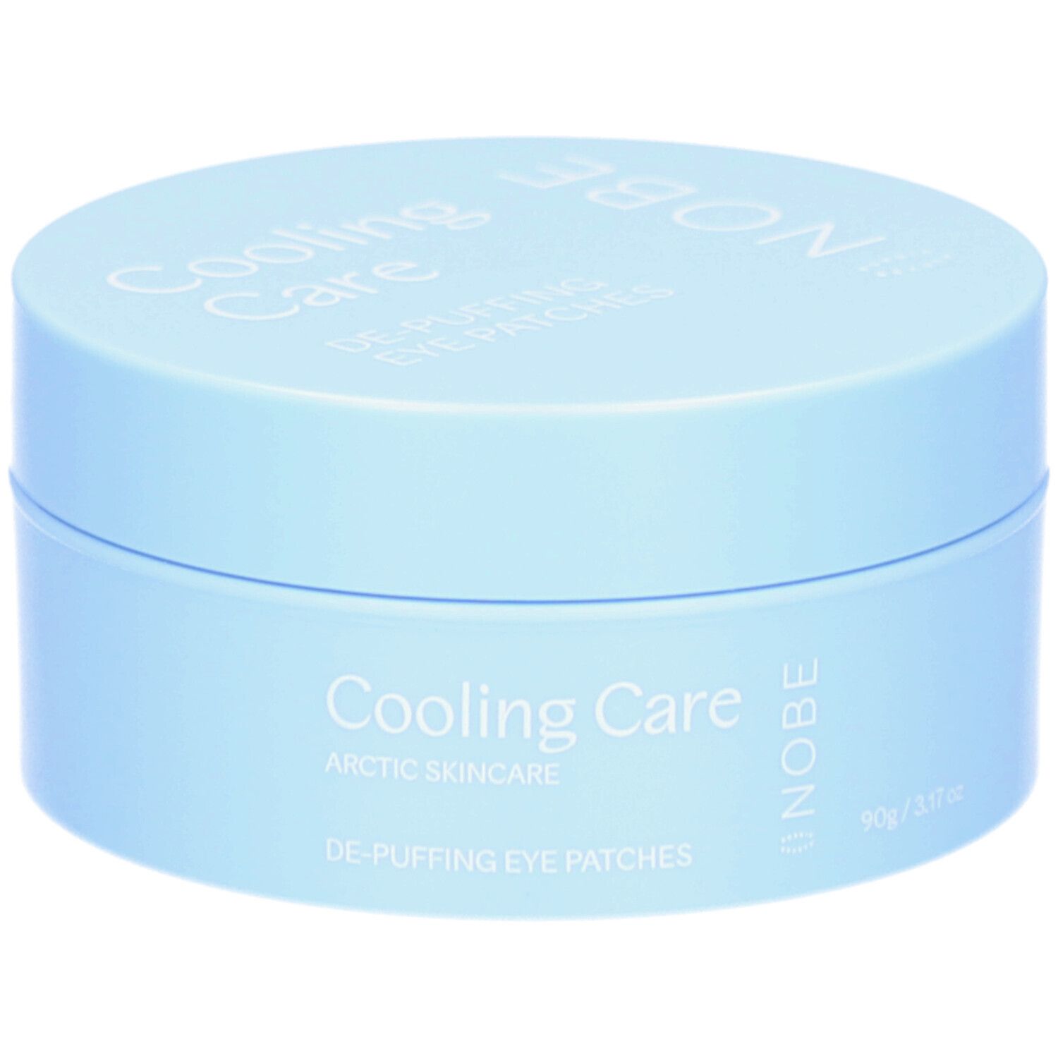 Boîte bleue claire avec couvercle. Inscription : Cooling Care, De-Puffing Eye Patches, NOBE. 90g/3.17 oz.