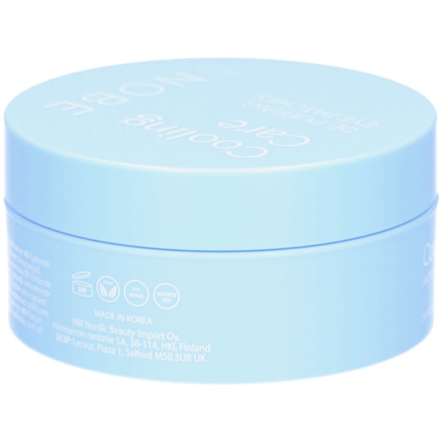 Boîte bleu clair. Inscription : Made in Korea. Dos avec texte et logos.