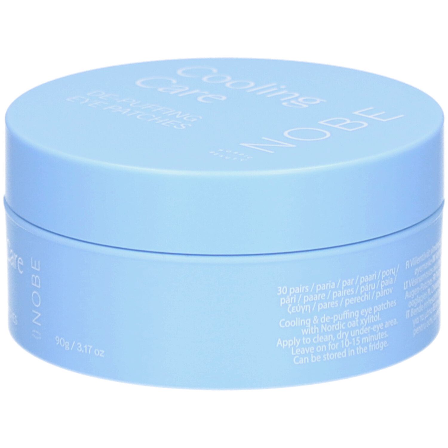 Boîte bleu clair. Inscription : Cooling Care, De-Puffing Eye Patches, NOBE. Texte sur l'utilisation.