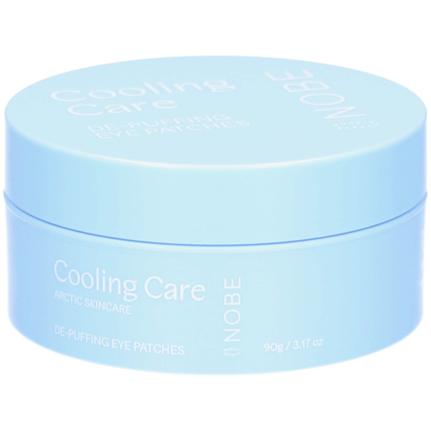 Boîte bleue claire avec couvercle. Inscription : Cooling Care, De-Puffing Eye Patches, NOBE. 90g/3.17 oz.