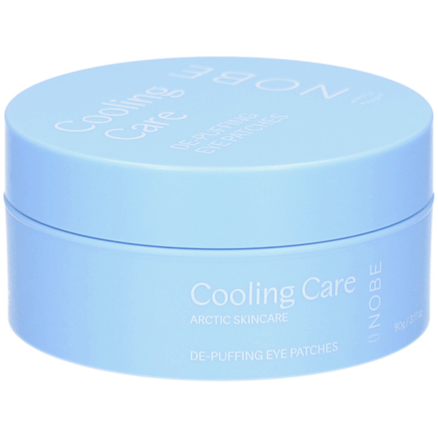 Boîte bleue claire avec couvercle. Inscription : Cooling Care, De-Puffing Eye Patches, NOBE. 90g/3.17 oz.