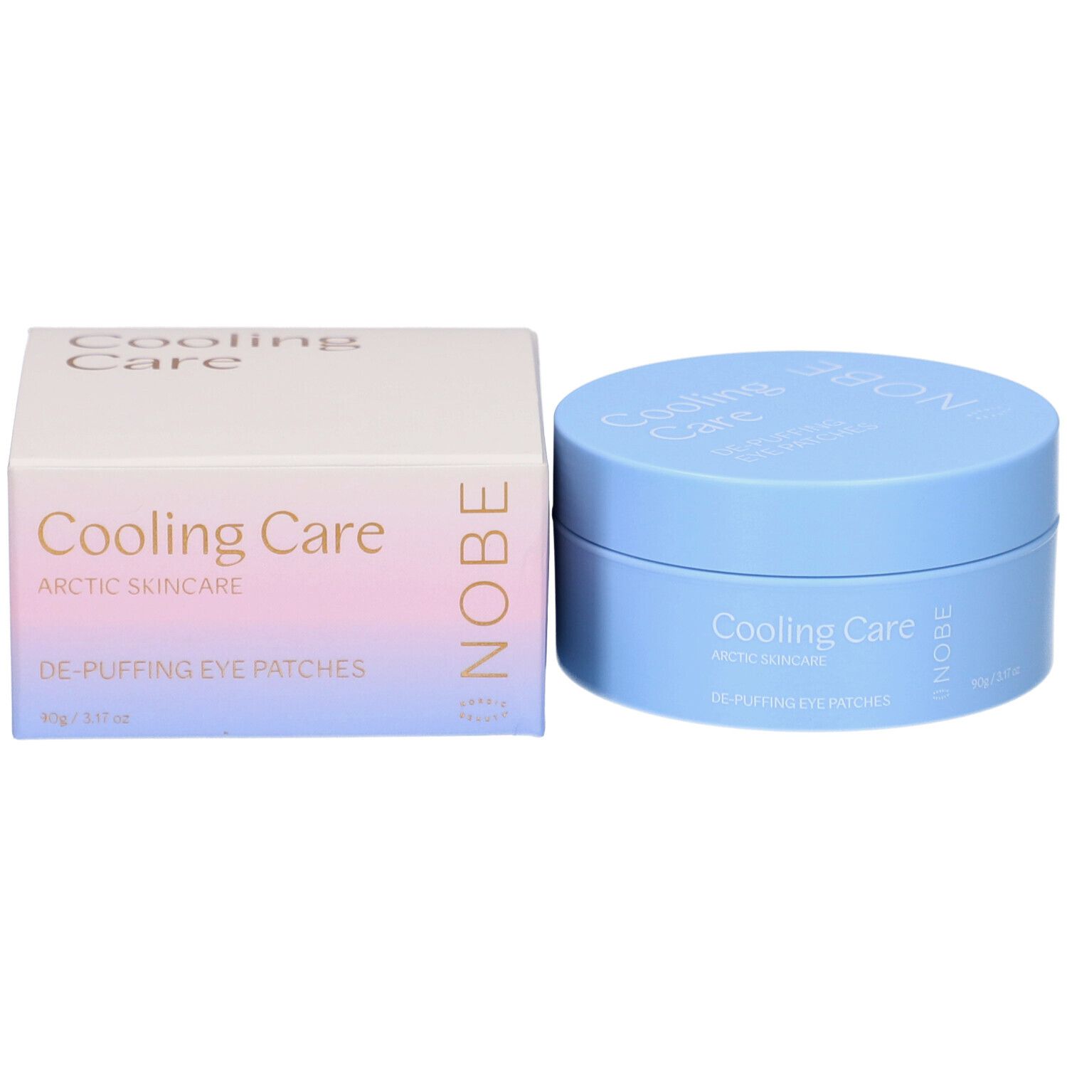 Boîte bleue claire et emballage. Inscription : Cooling Care, De-Puffing Eye Patches, NOBE. 90g/3.17 oz.
