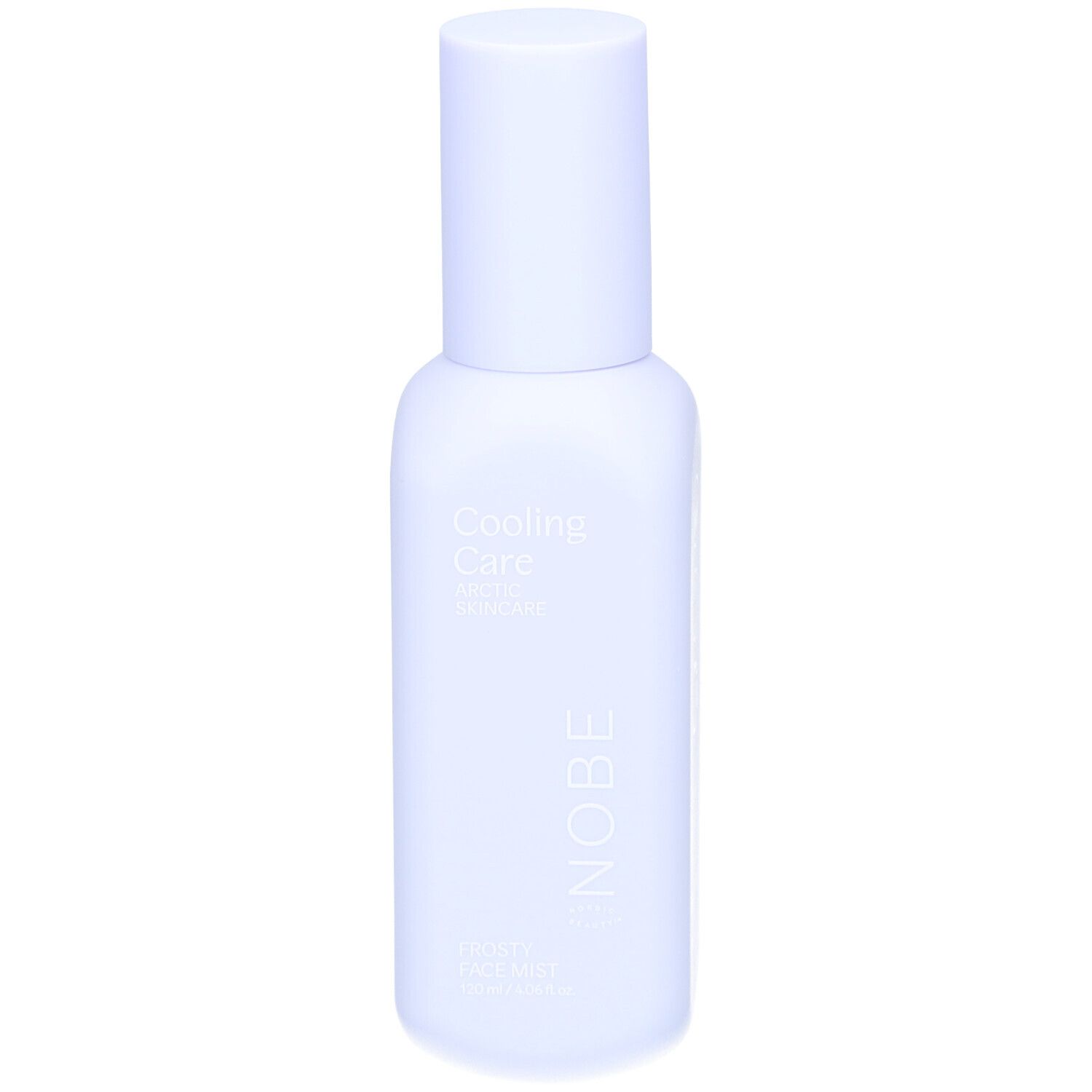 Flacon brume bleu clair avec bouchon blanc. Inscription : Cooling Care, NOBE. Nom du produit : Frosty Face Mist.