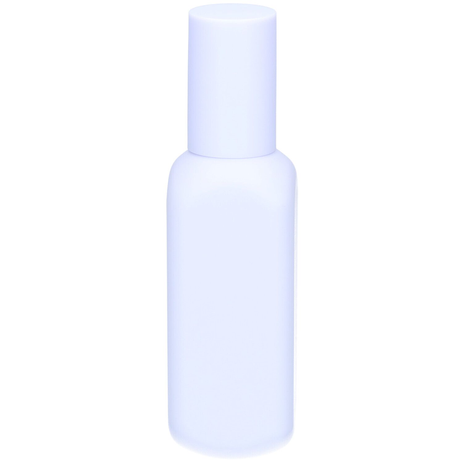 Flacon brumisateur bleu clair avec bouchon blanc. Bouchon cylindrique, corps rectangulaire.