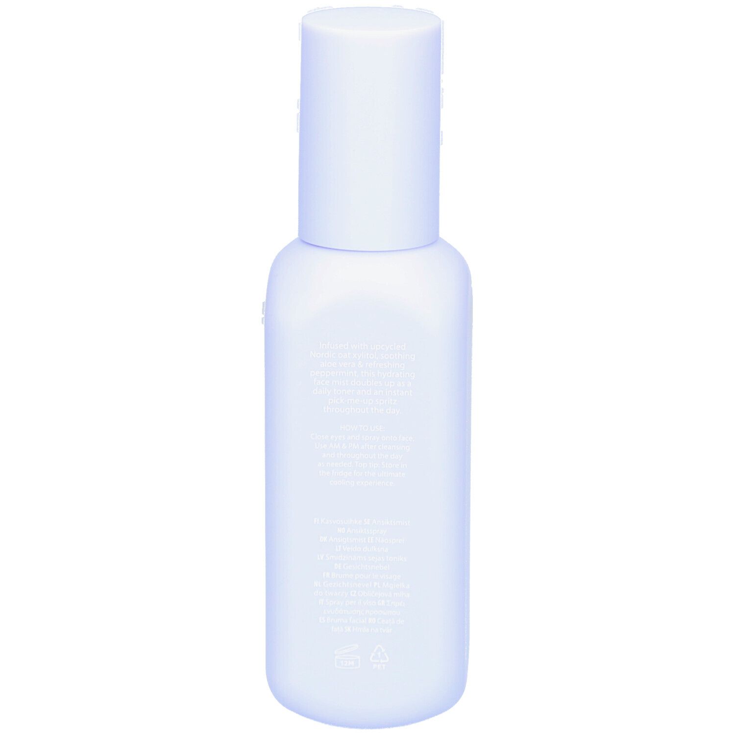 Flacon brumisateur bleu clair. Dos avec texte. En bas : logos. Pas de nom de produit visible.