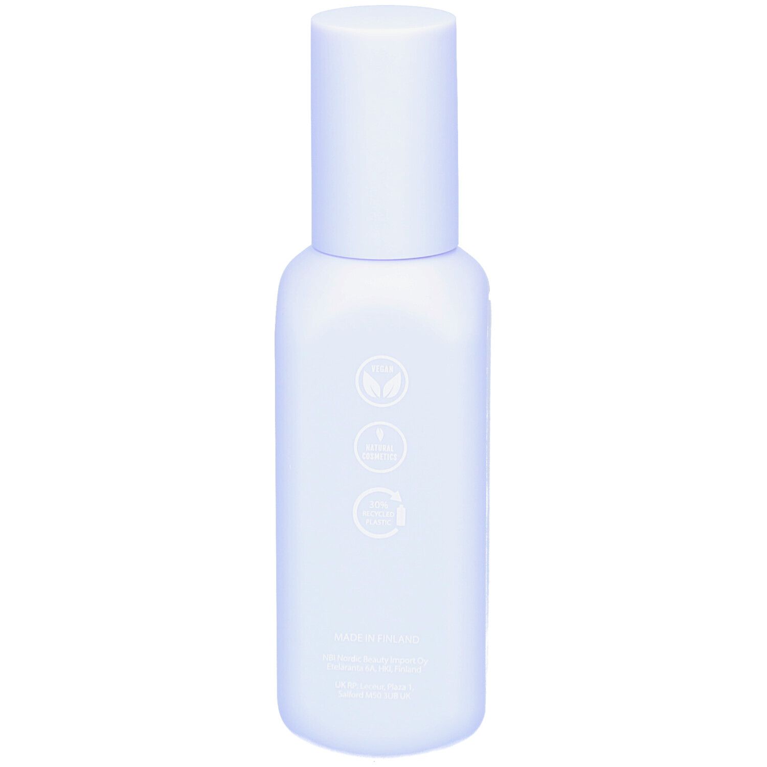 Flacon brumisateur bleu clair. Dos avec logos. Pas de nom de produit visible.