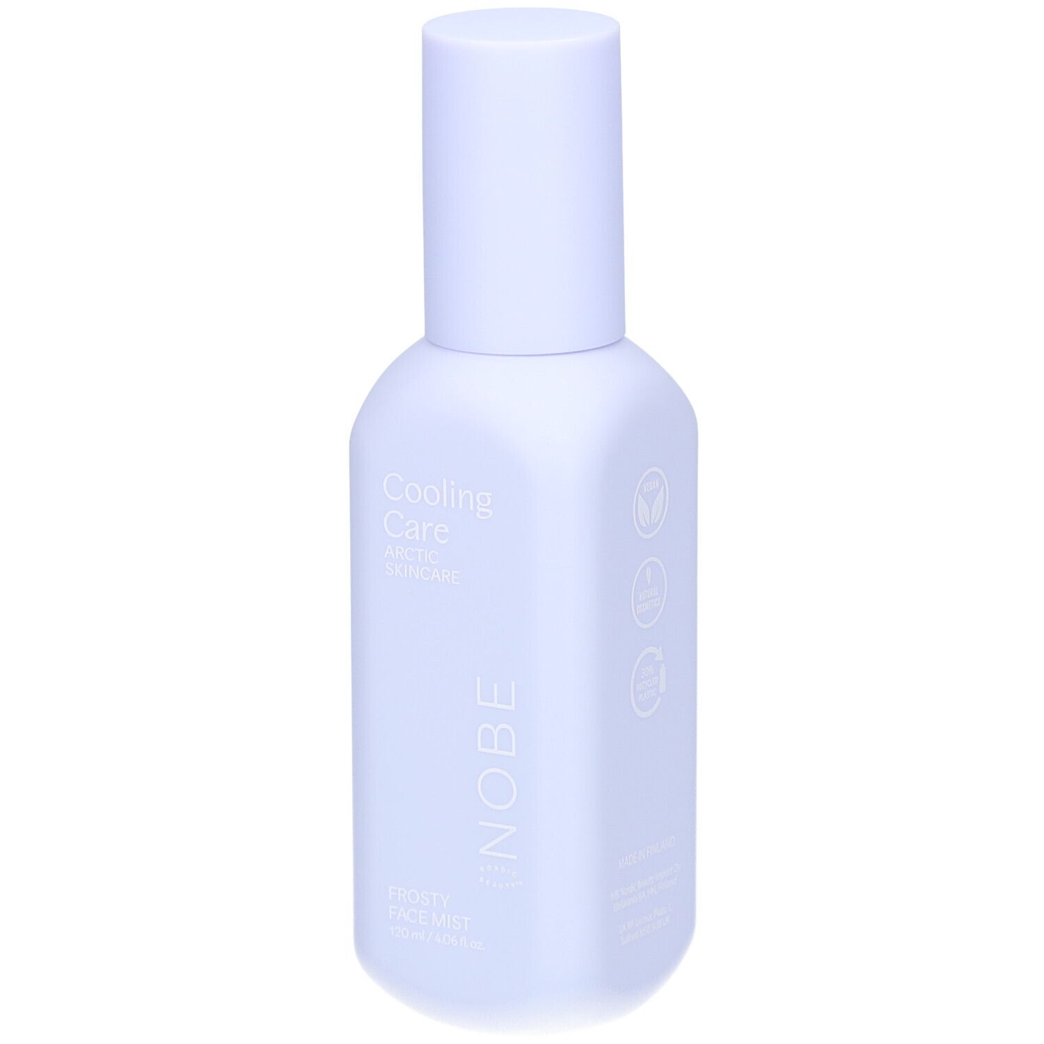 Flacon brumisateur bleu clair avec bouchon blanc. Inscription : Cooling Care, NOBE. Nom du produit : Frosty Face Mist.