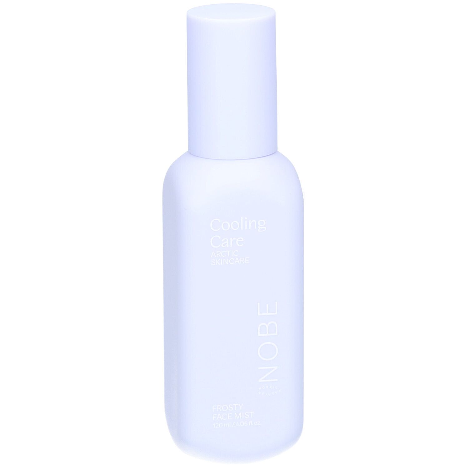Flacon brumisateur bleu clair avec bouchon blanc. Inscription : Cooling Care, NOBE. Nom du produit : Frosty Face Mist.
