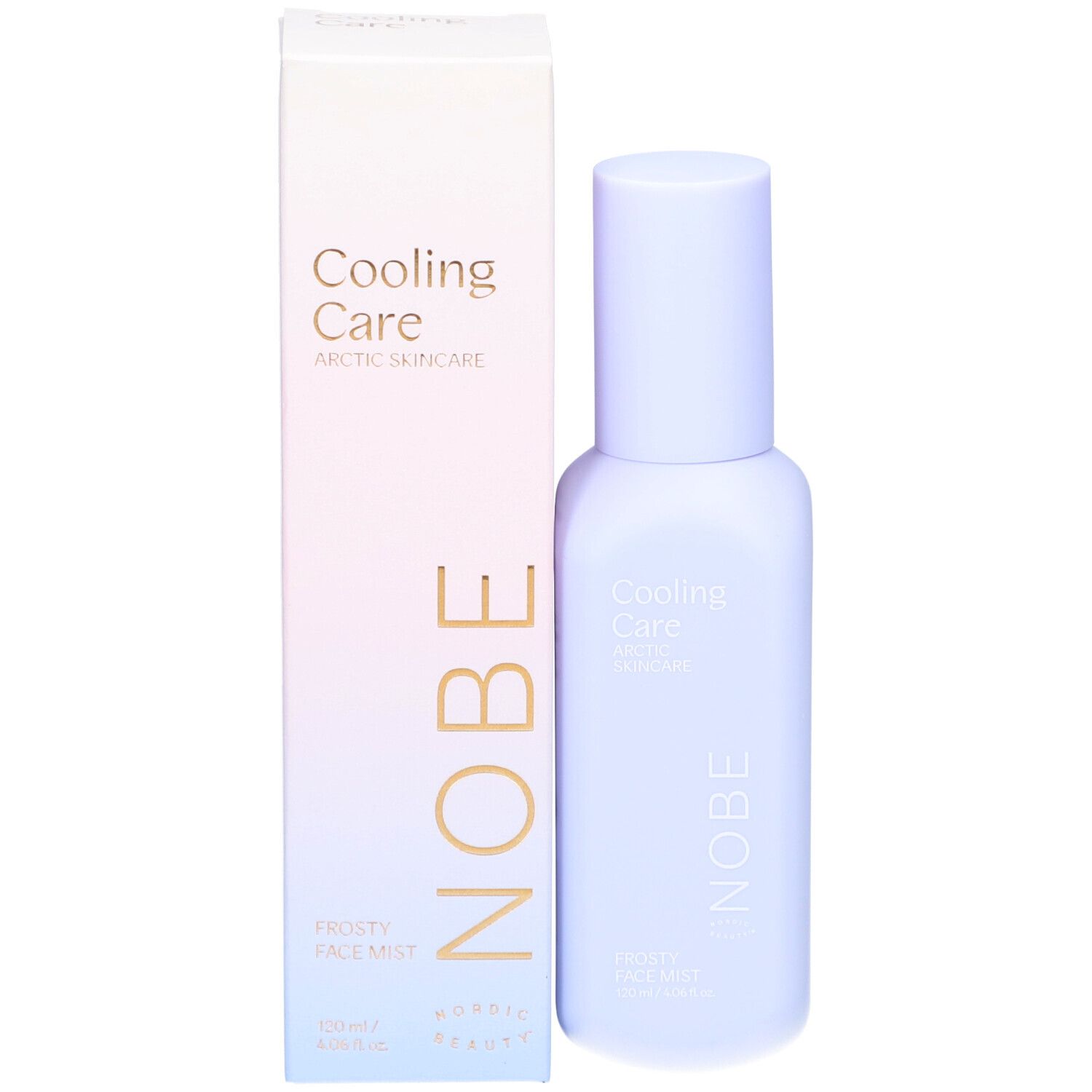 Flacon brumisateur bleu clair et emballage. Inscription : Cooling Care, NOBE. Nom du produit : Frosty Face Mist.