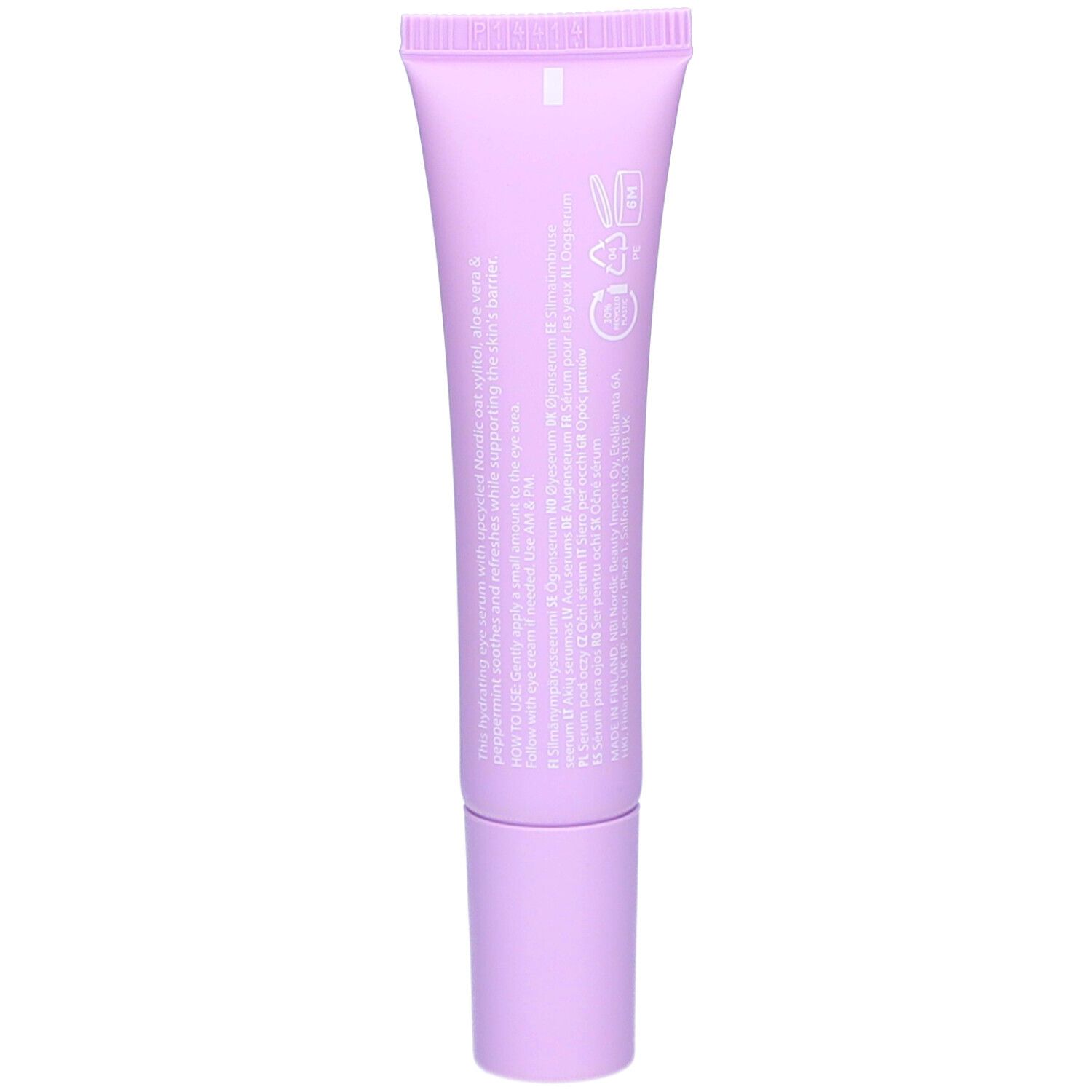 Dos du tube lilas. Texte en blanc. Symboles et logos.