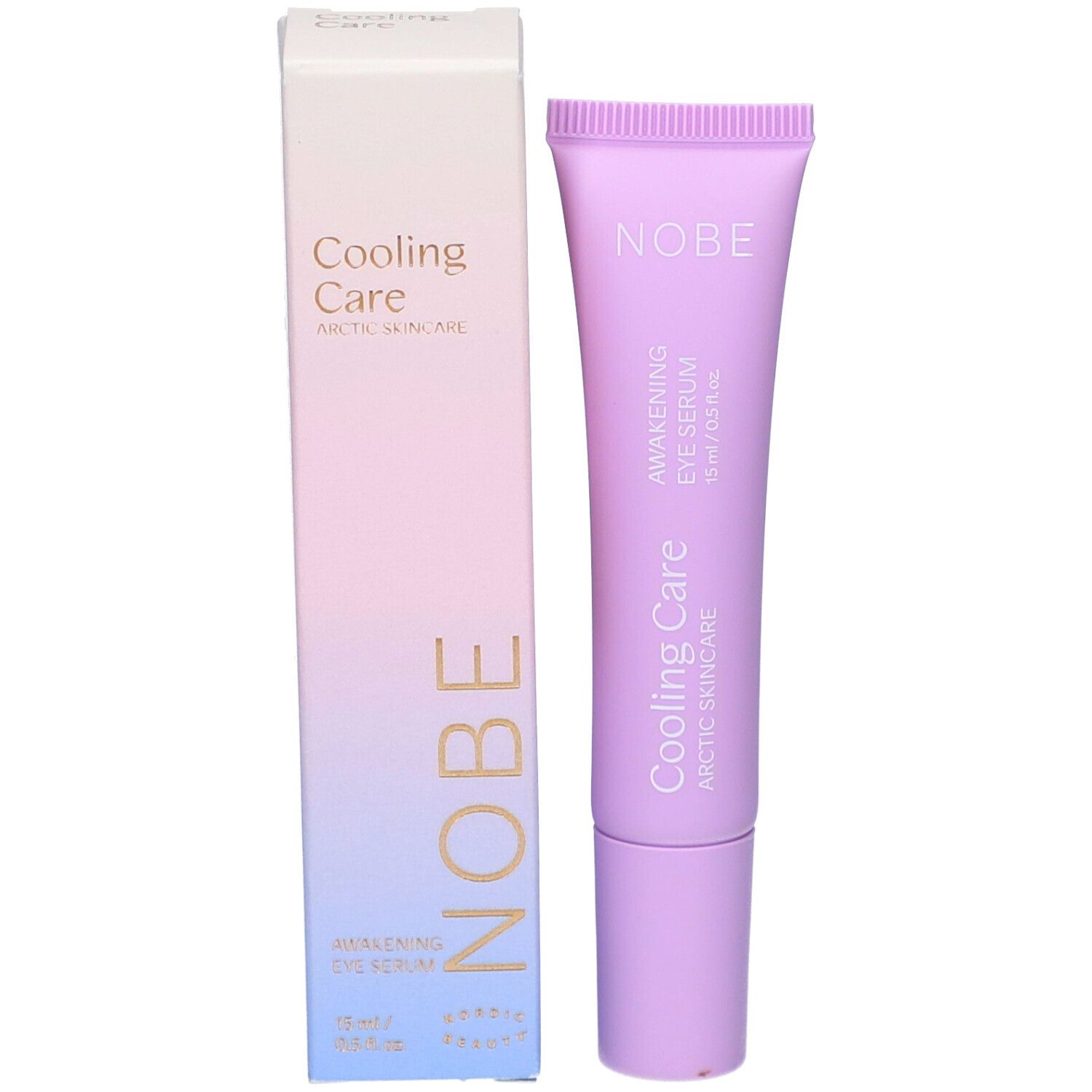 Produit et emballage. Tube lilas et boîte blanche. Sur la boîte : Cooling Care, NOBE, Awakening Eye Serum.