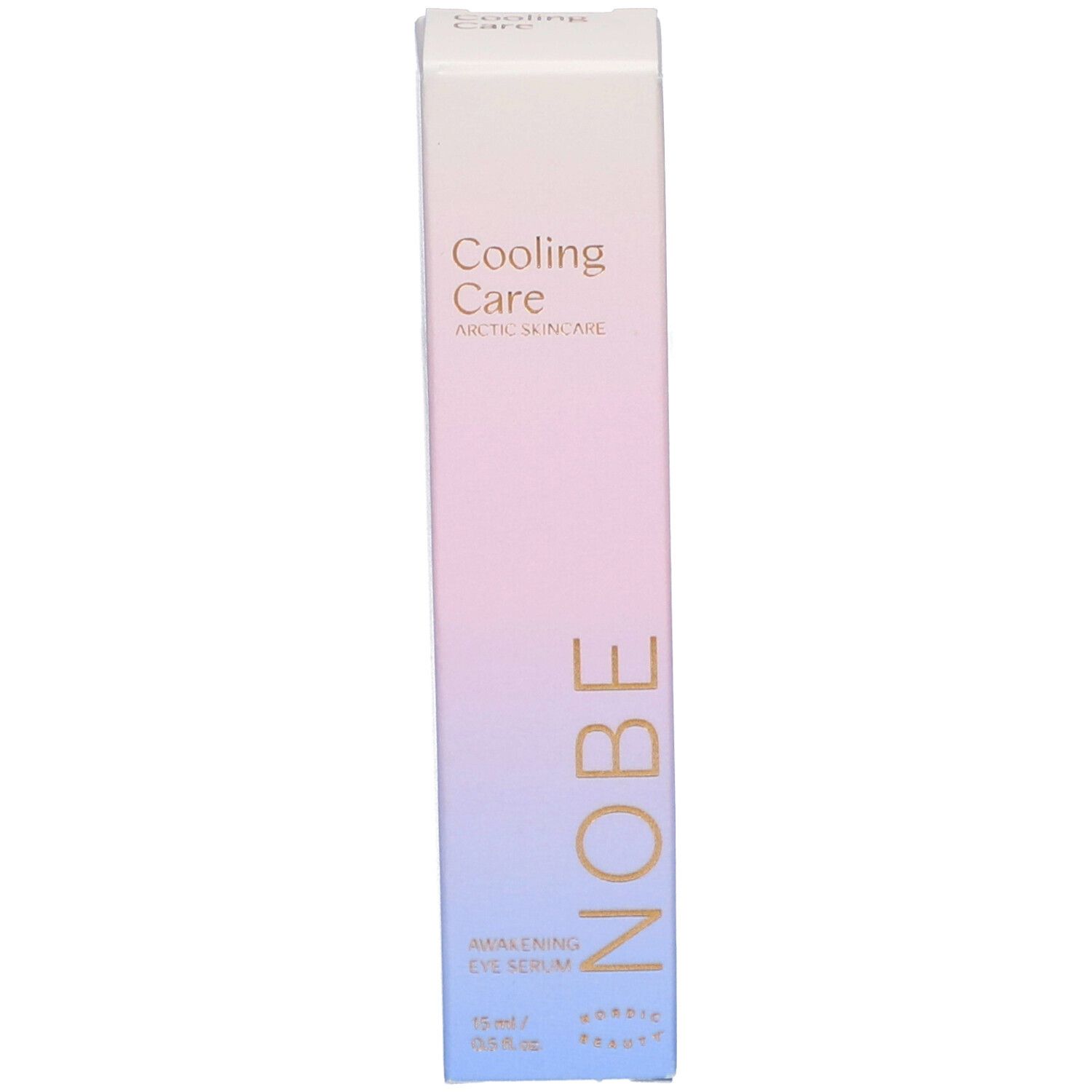 Emballage blanc avec dégradé rose et bleu. Inscription : Cooling Care, NOBE, Awakening Eye Serum.