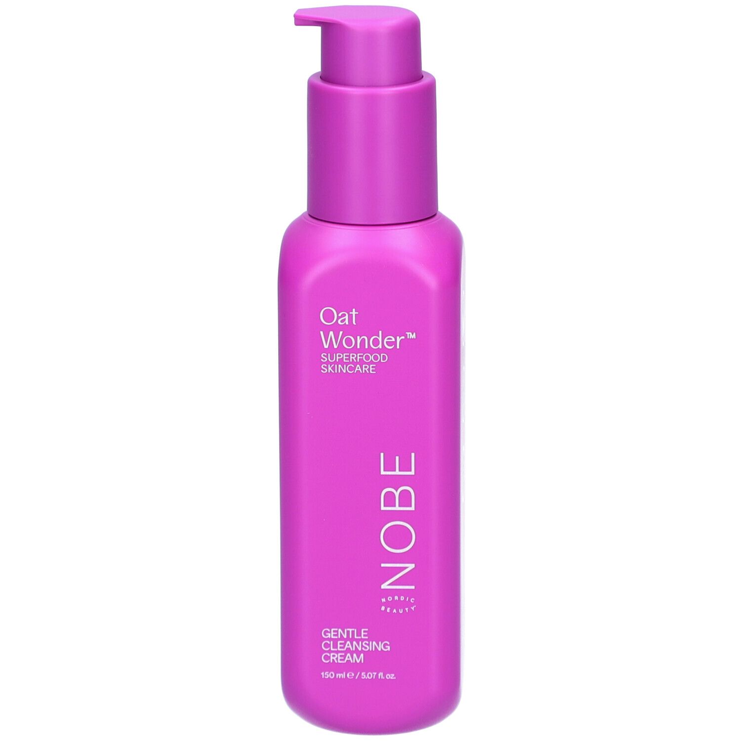 Flacon rose avec pompe. Inscription: Oat Wonder, Superfood Skincare, NOBE, Gentle Cleansing Cream.