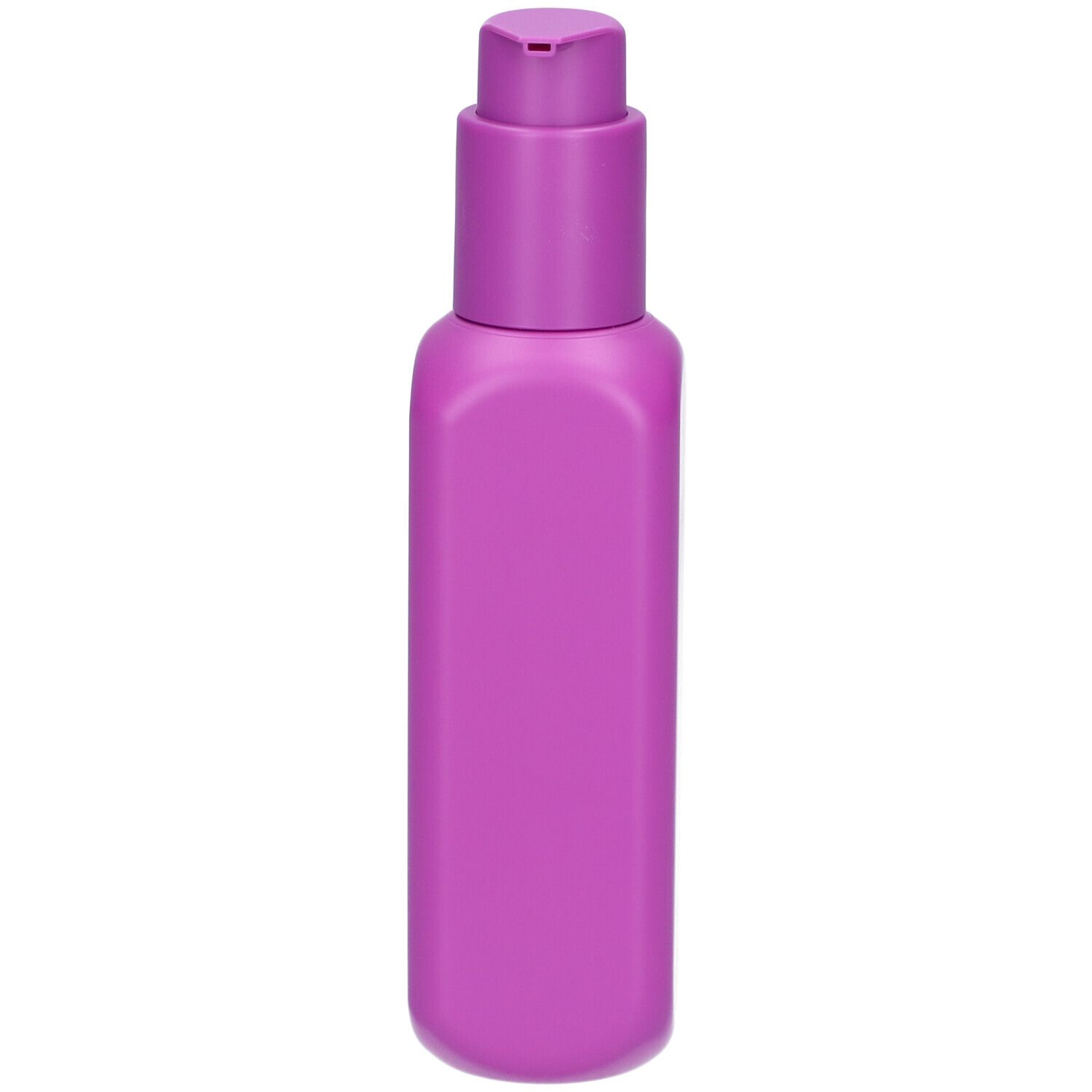 Flacon rose avec pompe. Forme carrée. Sans inscription.