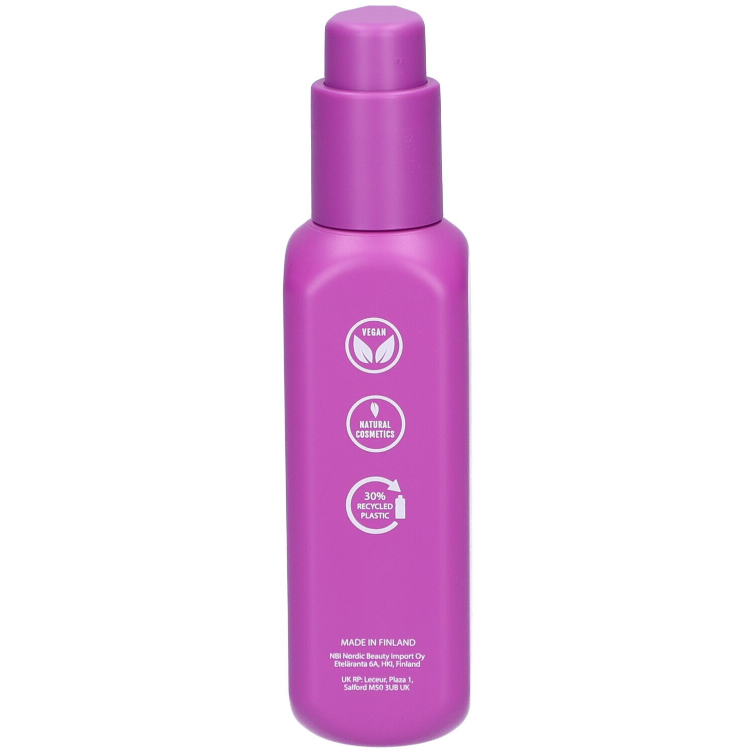 Dos d'un flacon rose avec pompe. Symboles vegan, cosmétiques naturels et recyclage.