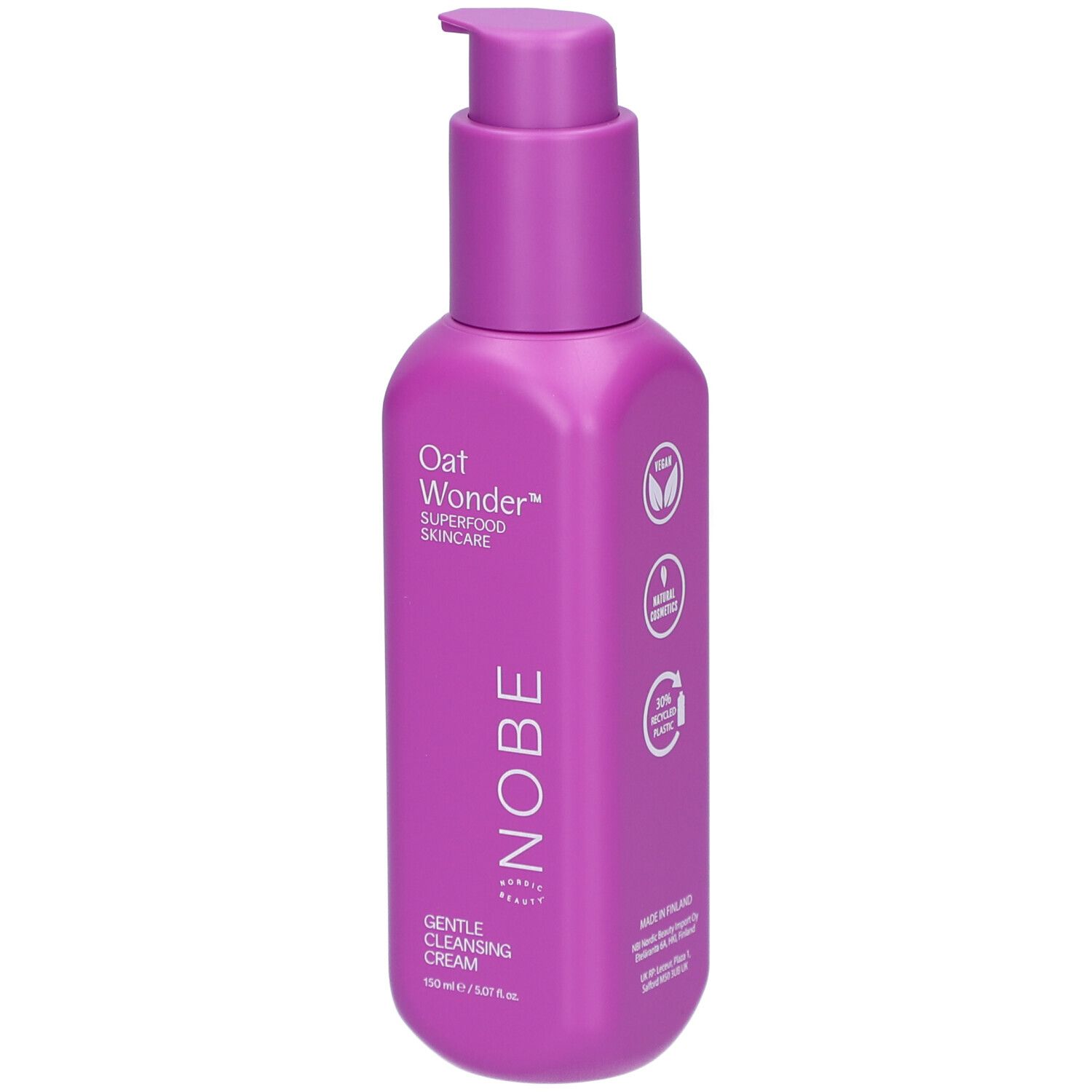 Flacon rose avec pompe. Inscription: Oat Wonder, Superfood Skincare, NOBE, Gentle Cleansing Cream.