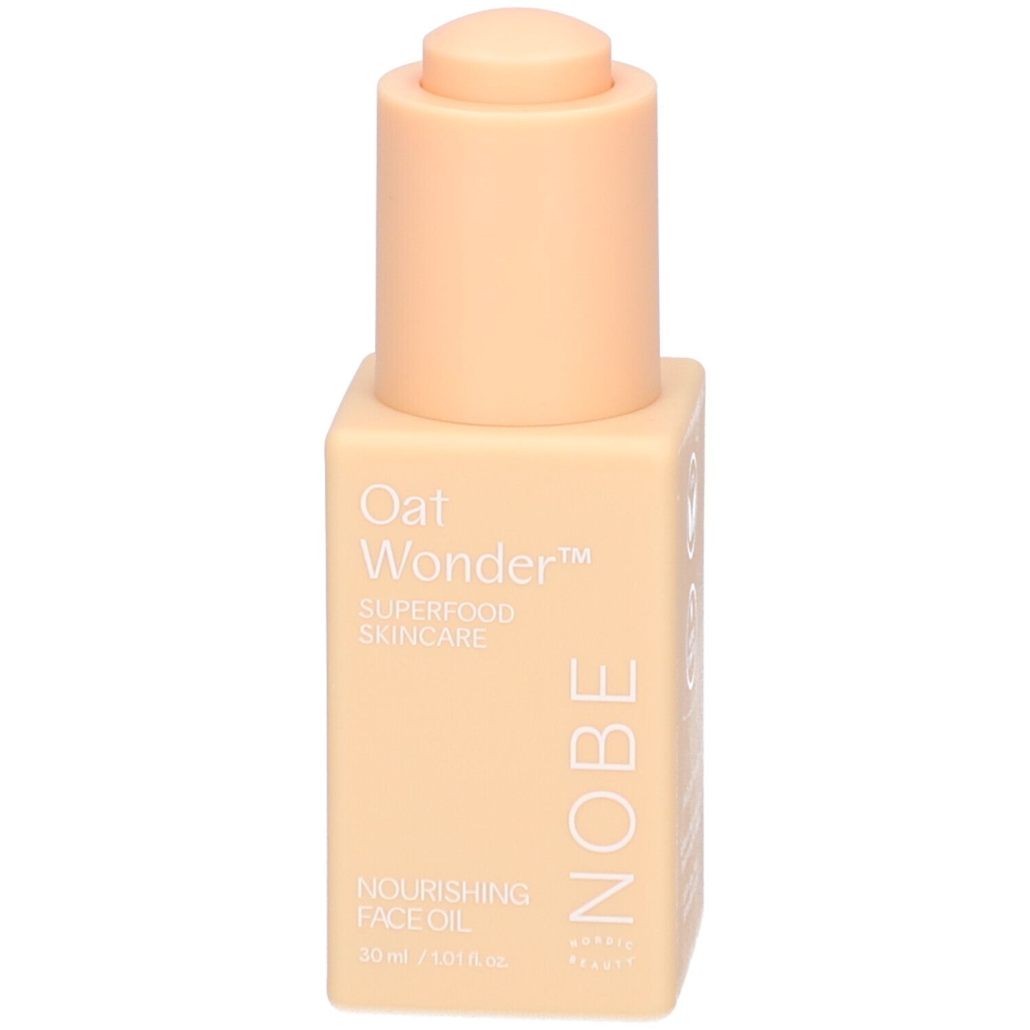 Flacon beige avec bouchon doseur. Inscription: Oat Wonder, Superfood Skincare, Nourishing Face Oil, NOBE.