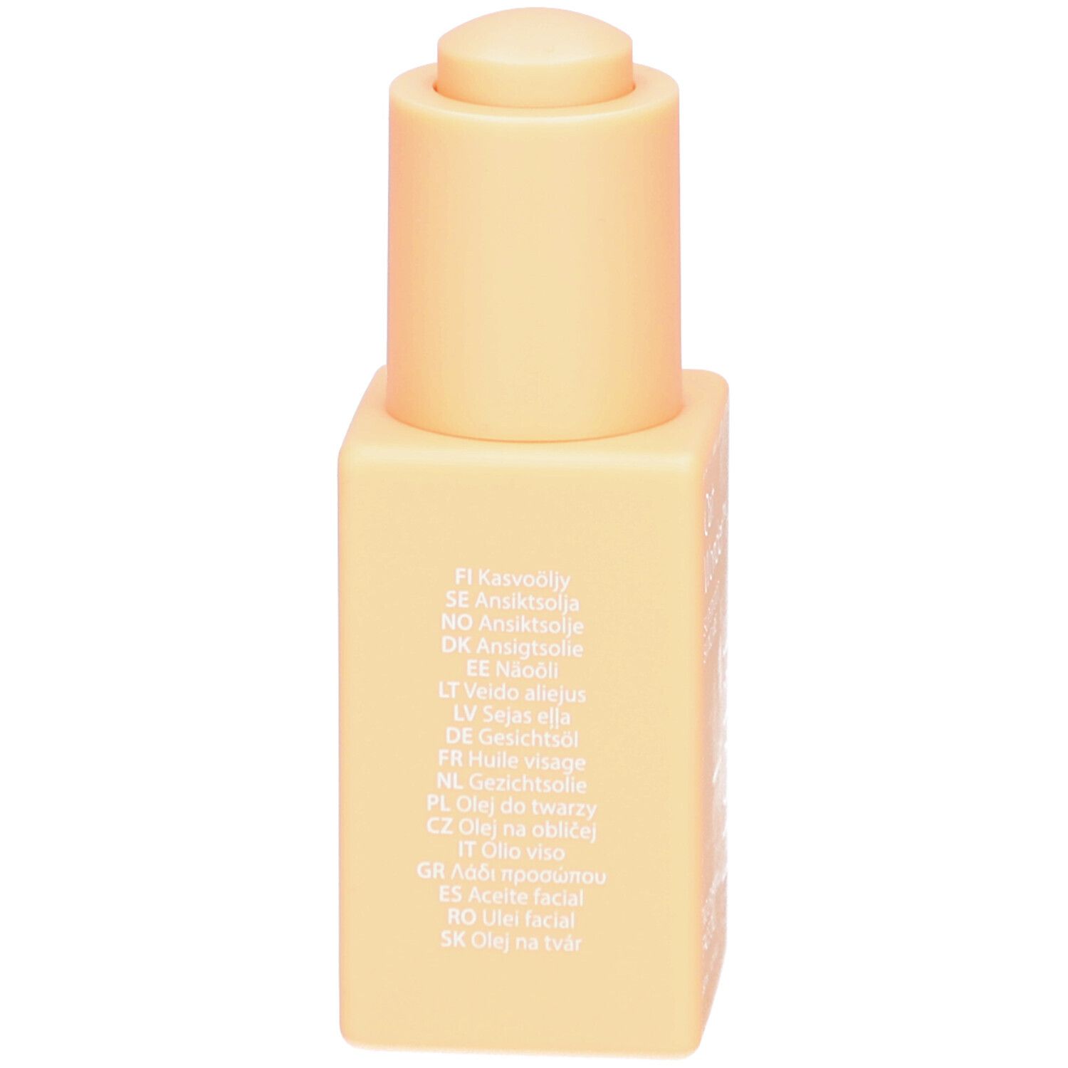 Dos du flacon. Liste multilingue des noms de produits. Flacon beige.