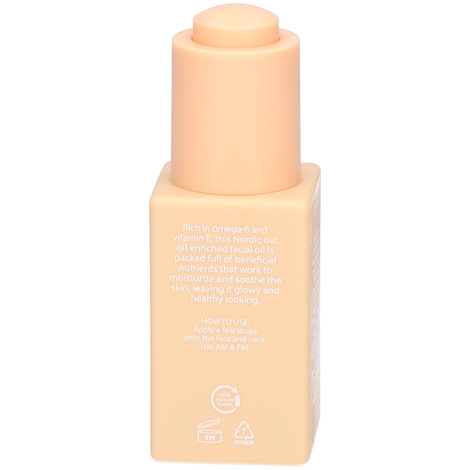 Dos du flacon. Texte sur les ingrédients et l'utilisation. Flacon beige.