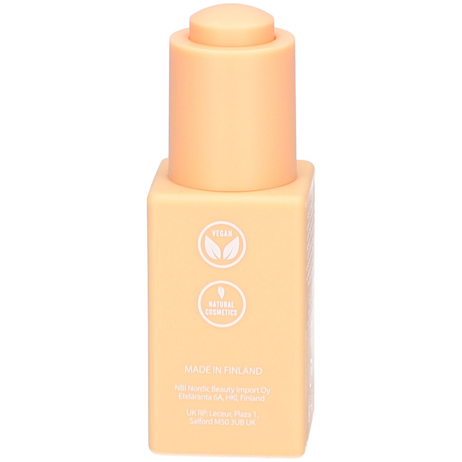 Dos du flacon. Labels vegan et cosmétiques naturels. Fabriqué en Finlande. Flacon beige.