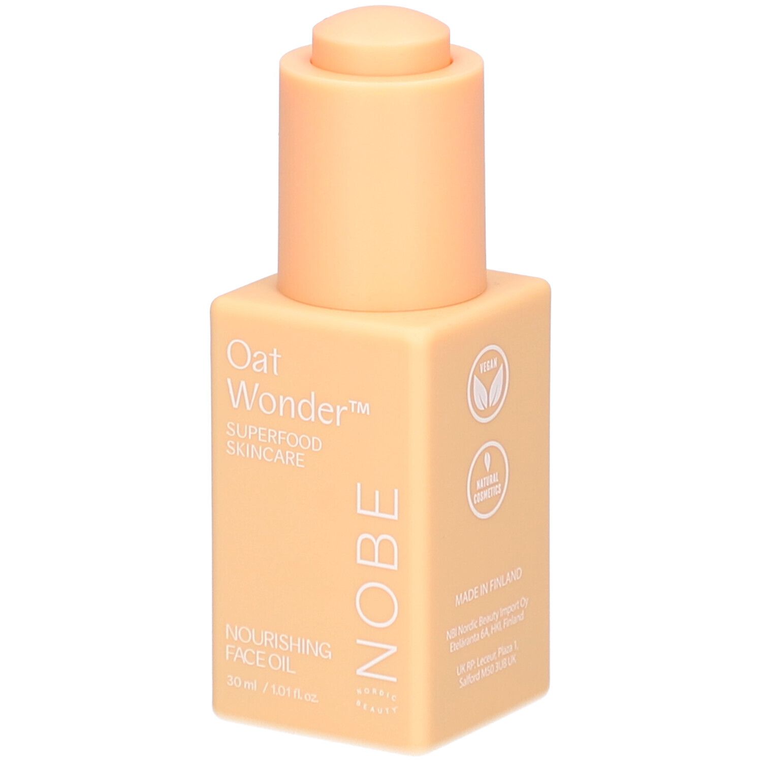 Flacon beige avec bouchon doseur. Inscription: Oat Wonder, Superfood Skincare, Nourishing Face Oil, NOBE. Label vegan.
