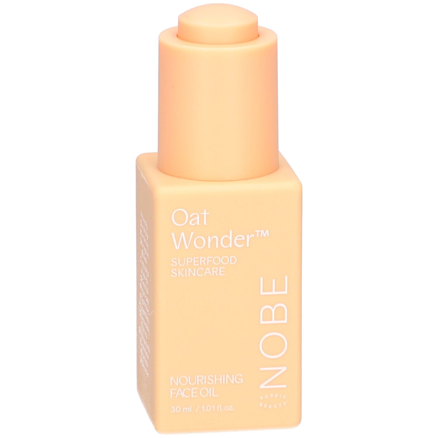 Flacon beige avec bouchon doseur. Inscription: Oat Wonder, Superfood Skincare, Nourishing Face Oil, NOBE.