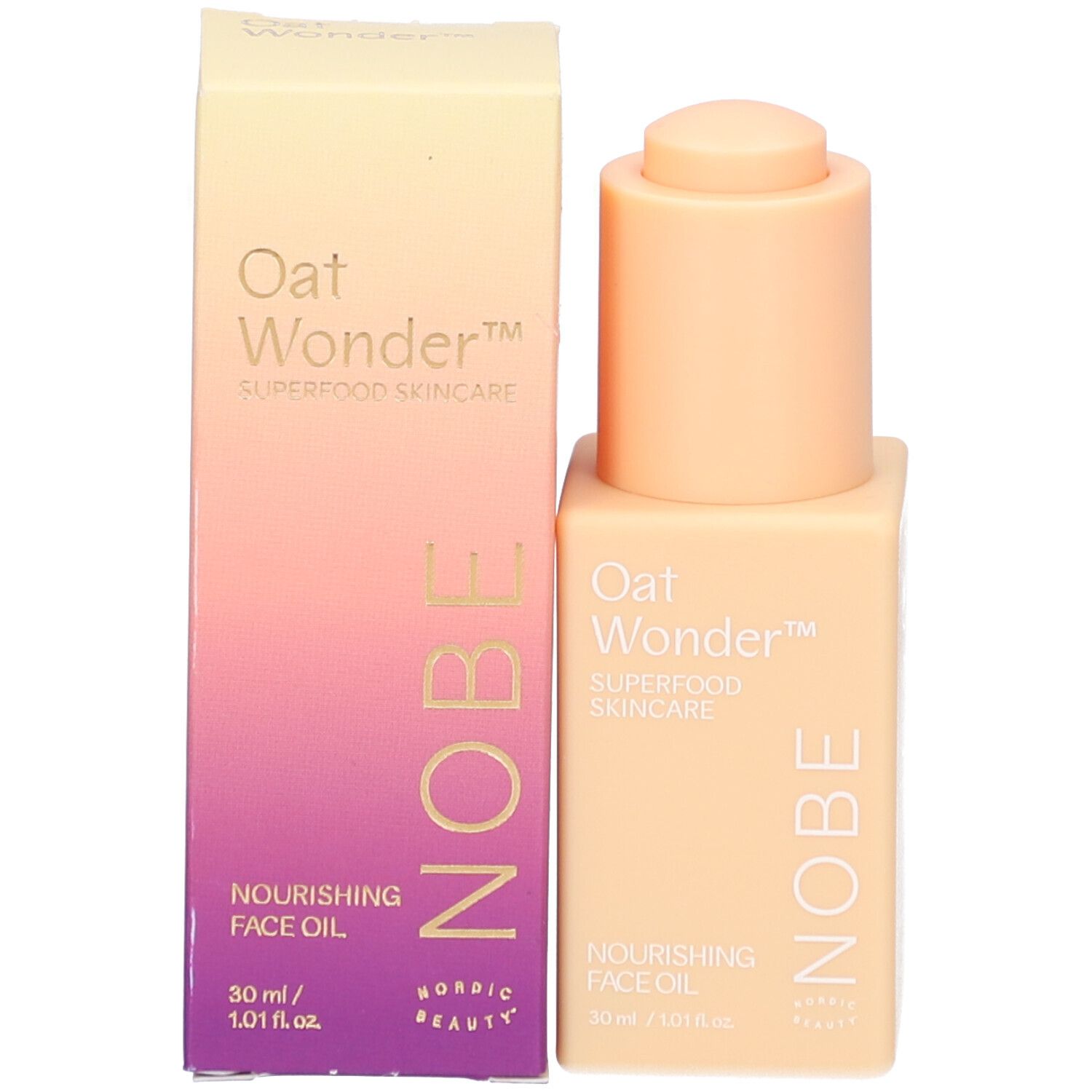 Flacon et emballage du produit. Inscription: Oat Wonder, Superfood Skincare, Nourishing Face Oil, NOBE.