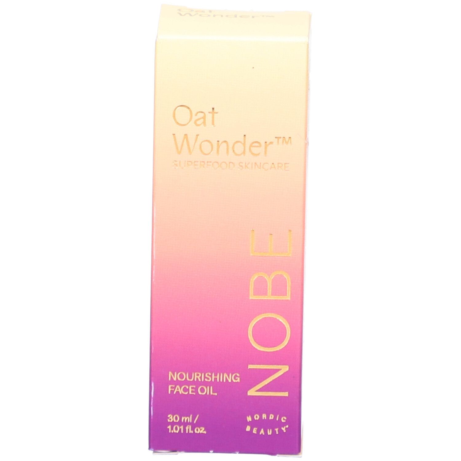 Emballage du produit. Inscription: Oat Wonder, Superfood Skincare, Nourishing Face Oil, NOBE.