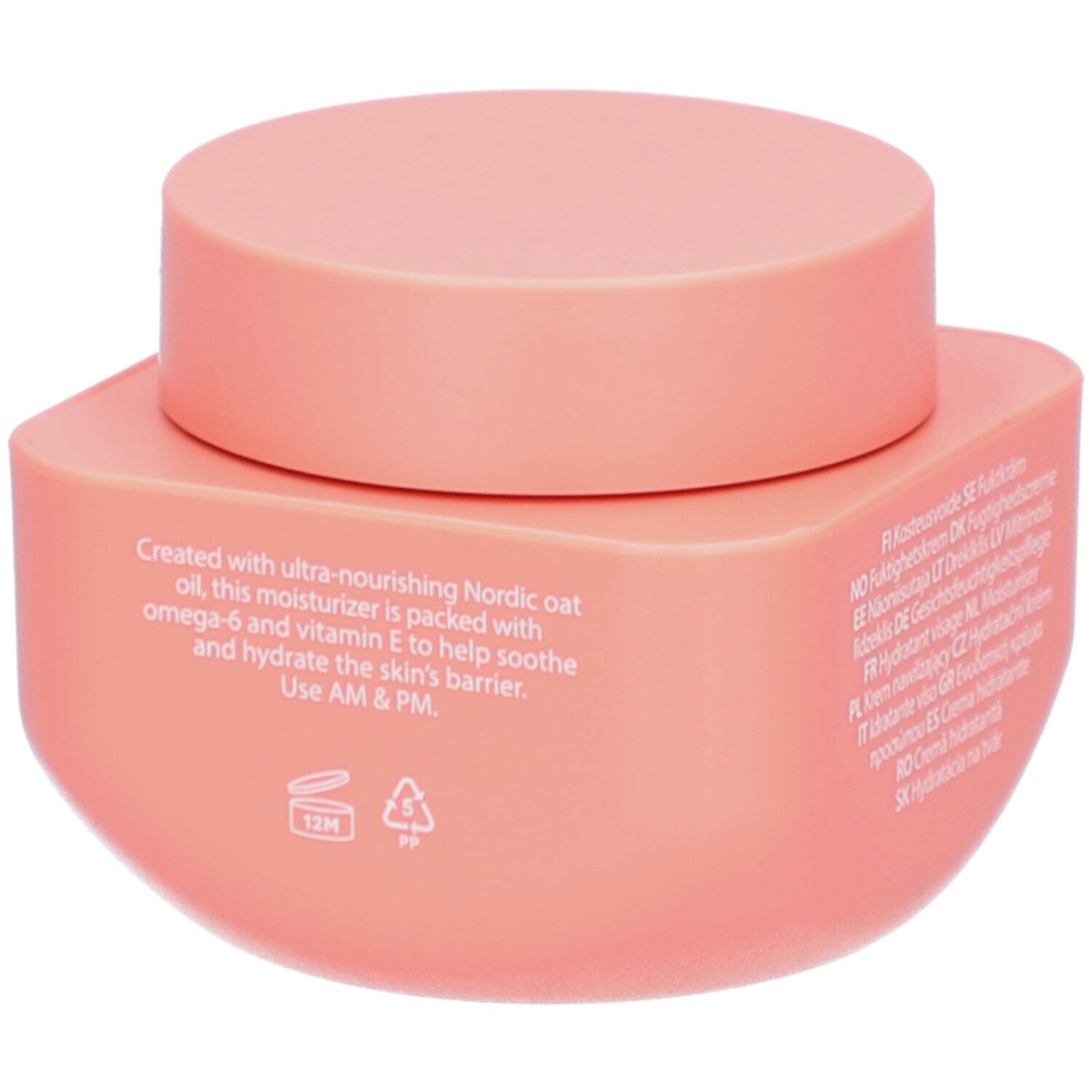 Pot rose avec couvercle. Texte: Contient de l'huile d'avoine nordique et de la vitamine E. Aide à apaiser et hydrater la barrière cutanée.