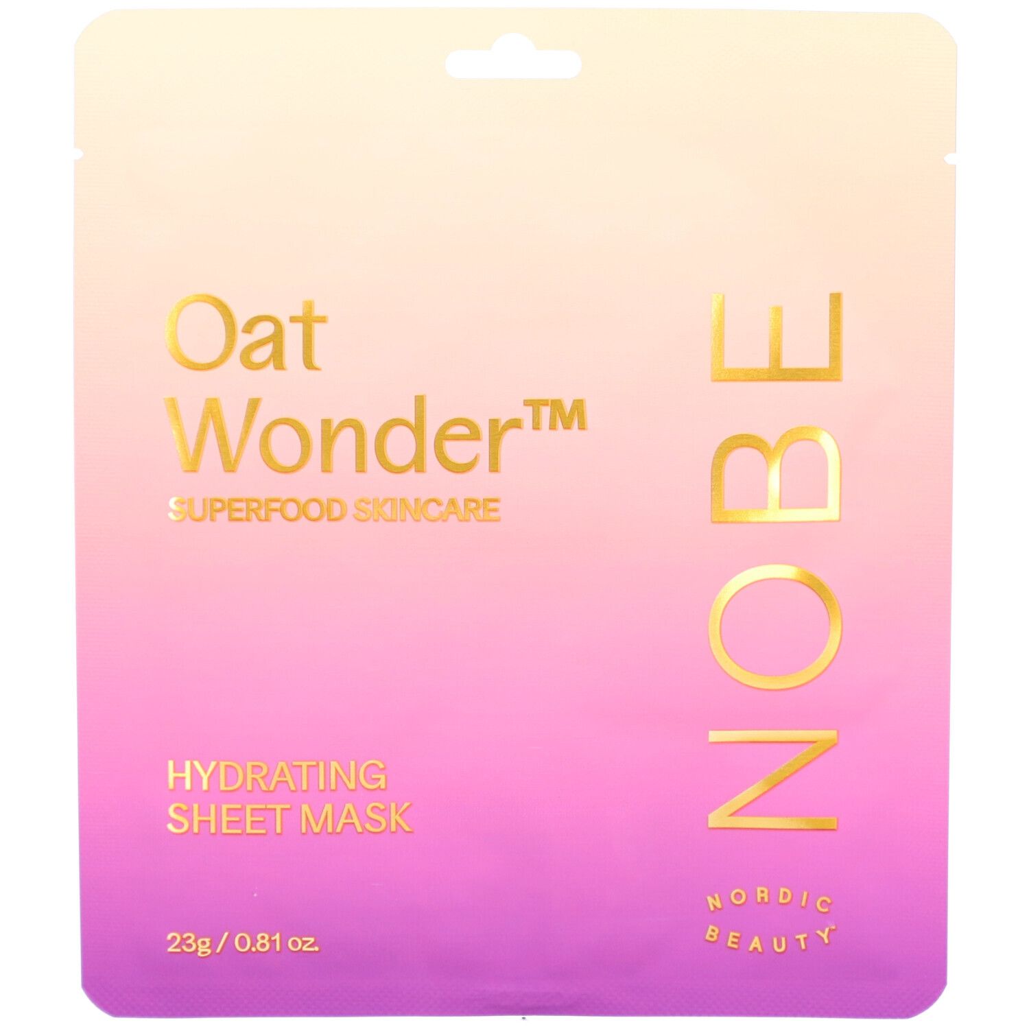 Sachet de masque en tissu rose et blanc. Inscription dorée : Oat Wonder, NOBE, Hydrating Sheet Mask. 23g/0.81 oz.