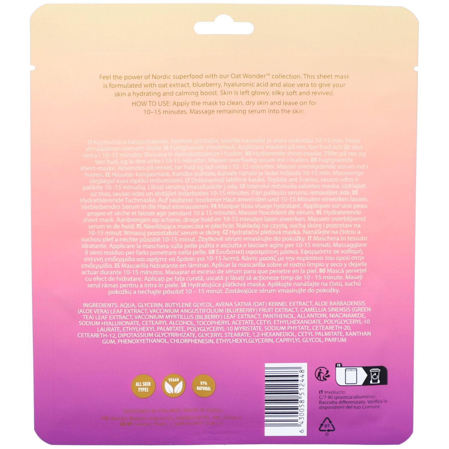 Dos du sachet de masque en tissu. Texte multilingue. Ingrédients et logos : Vegan, Health, 5% Natural.