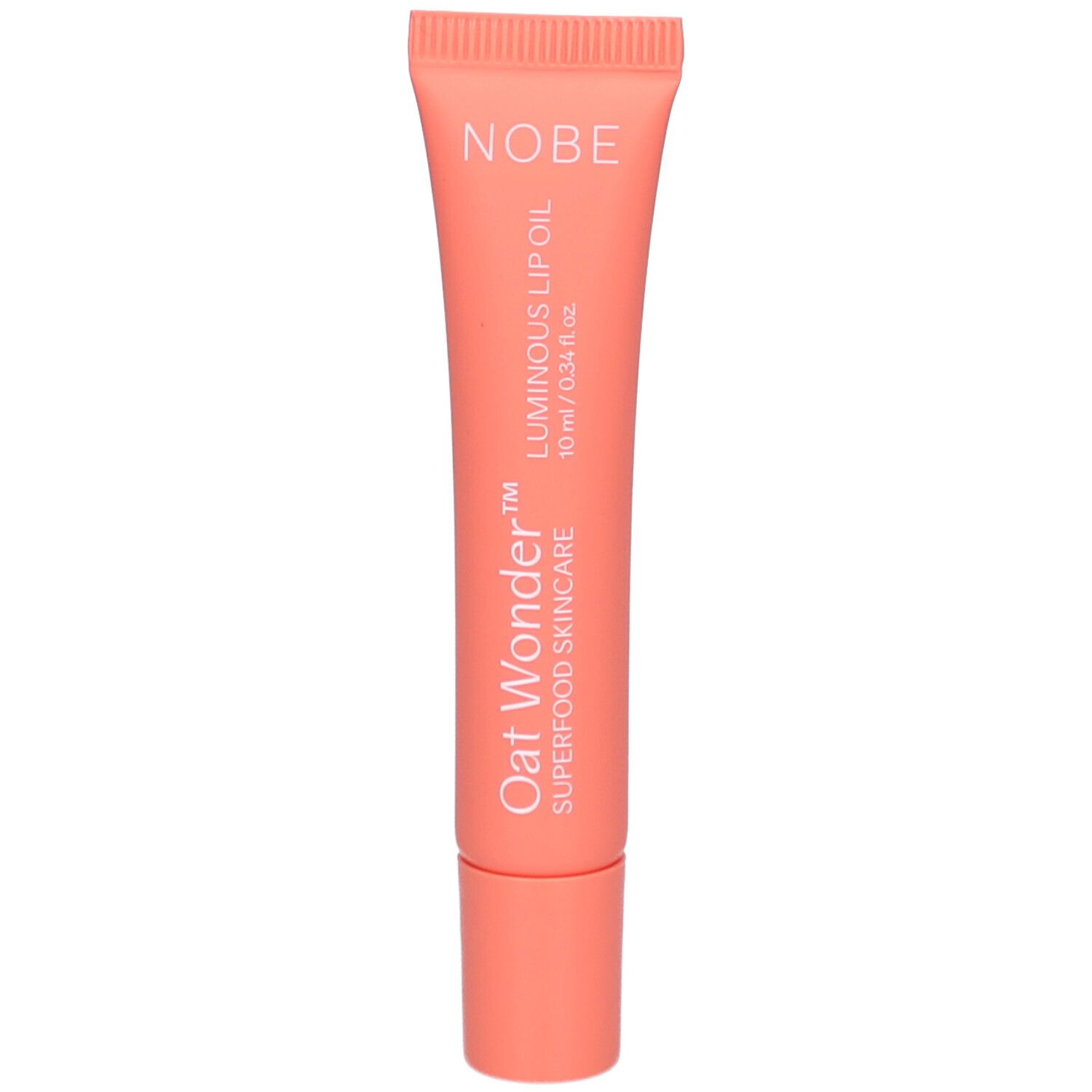 Tube rose NOBE Oat Wonder Luminous Lip Oil. Texte: 10 ml / 0.34 fl oz. Superfood Skincare.